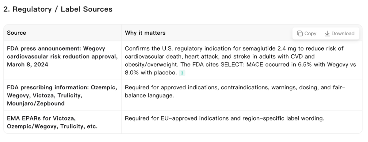 Noah AI regulatory and label sources table for Medical Affairs briefing preparation