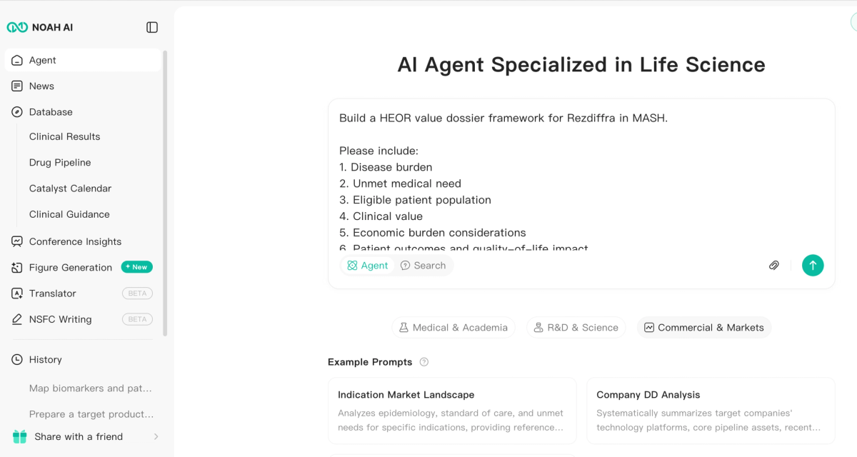  Users can start a HEOR value dossier in Noah AI by defining the product