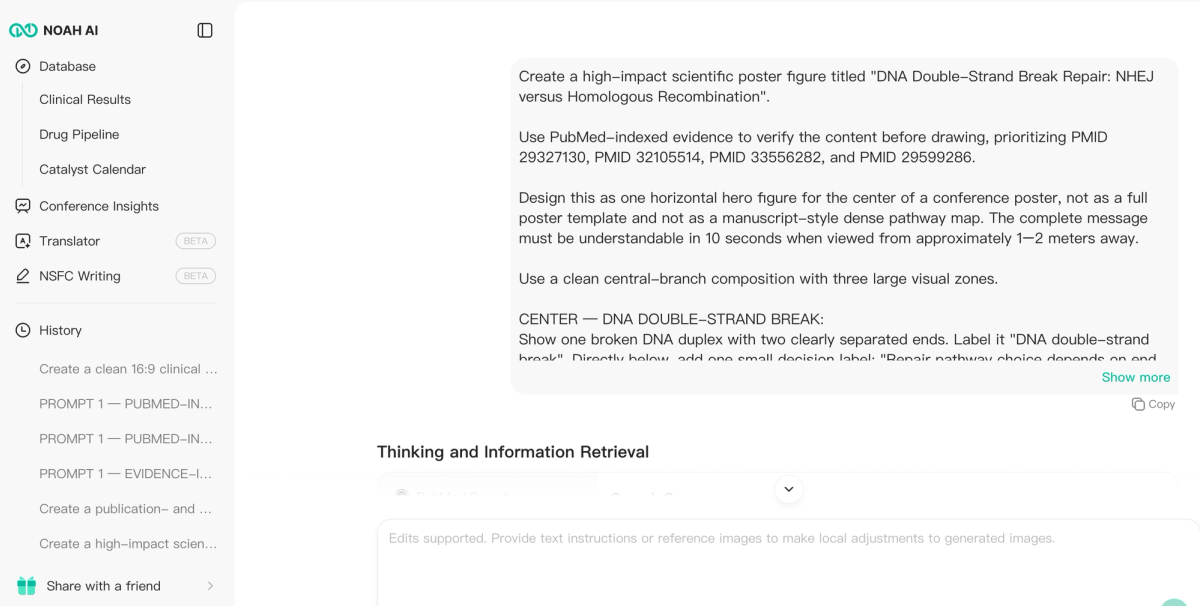 Noah AI interface retrieving the four specified PubMed records for DNA double-strand break repair before generating the scientific poster figure.