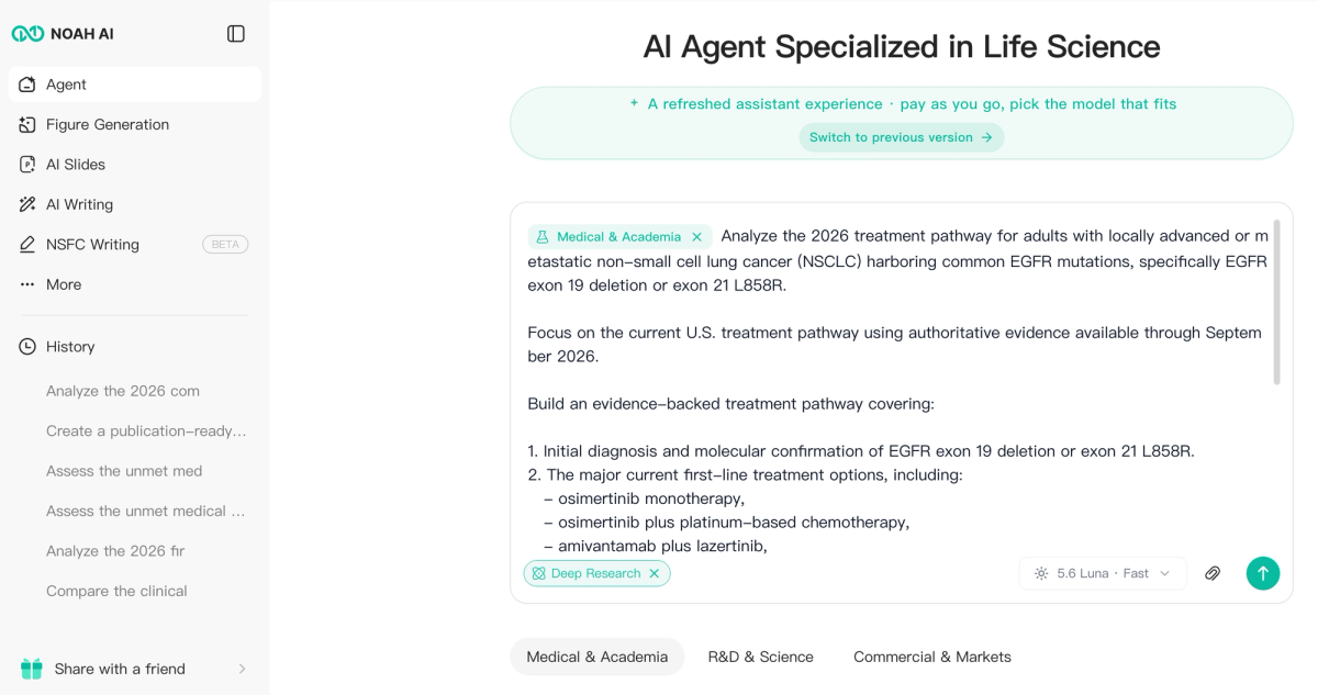 Noah AI's refreshed Agent interface used for an EGFR-mutated NSCLC treatment pathway research task.