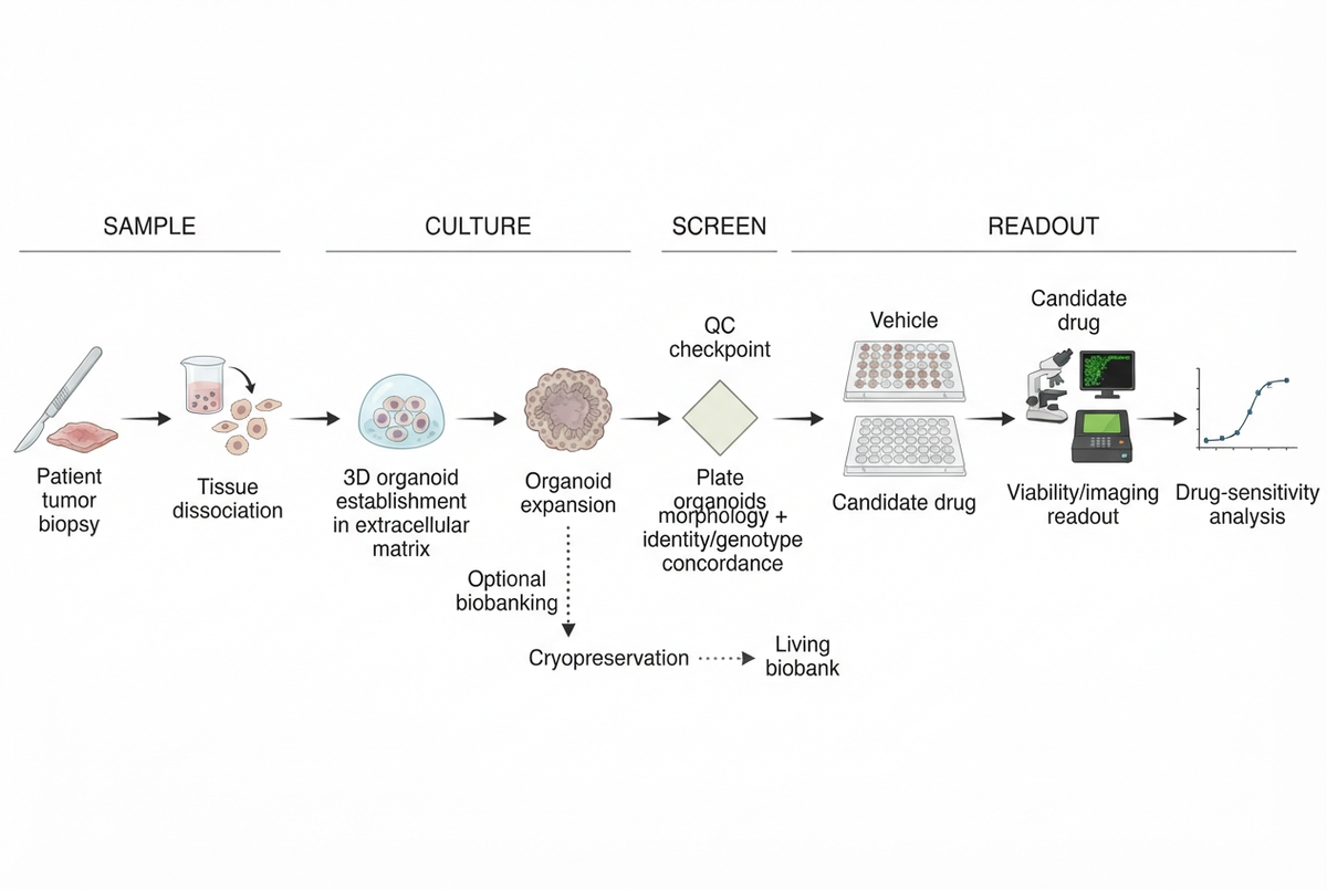 Exported Noah output: a wide experimental workflow from patient tumor biopsy to organoid culture, screening, readout, and an optional biobanking branch.
