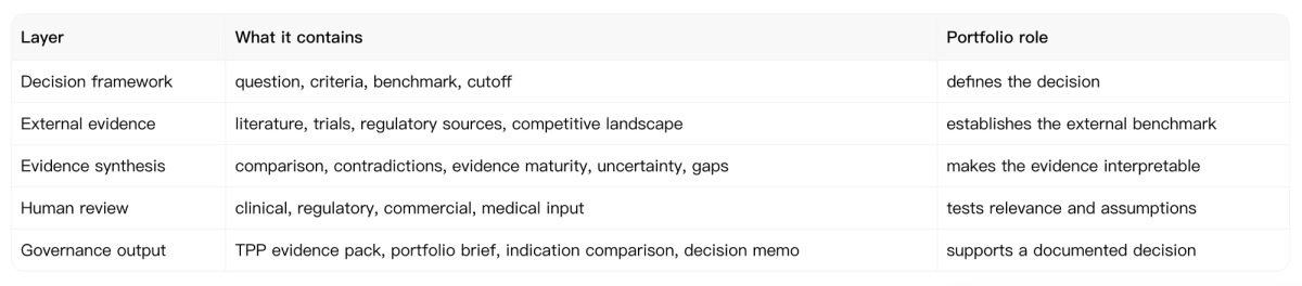 A portfolio-ready evidence workflow connects the decision framework, evidence base, synthesis, human review and governance output.