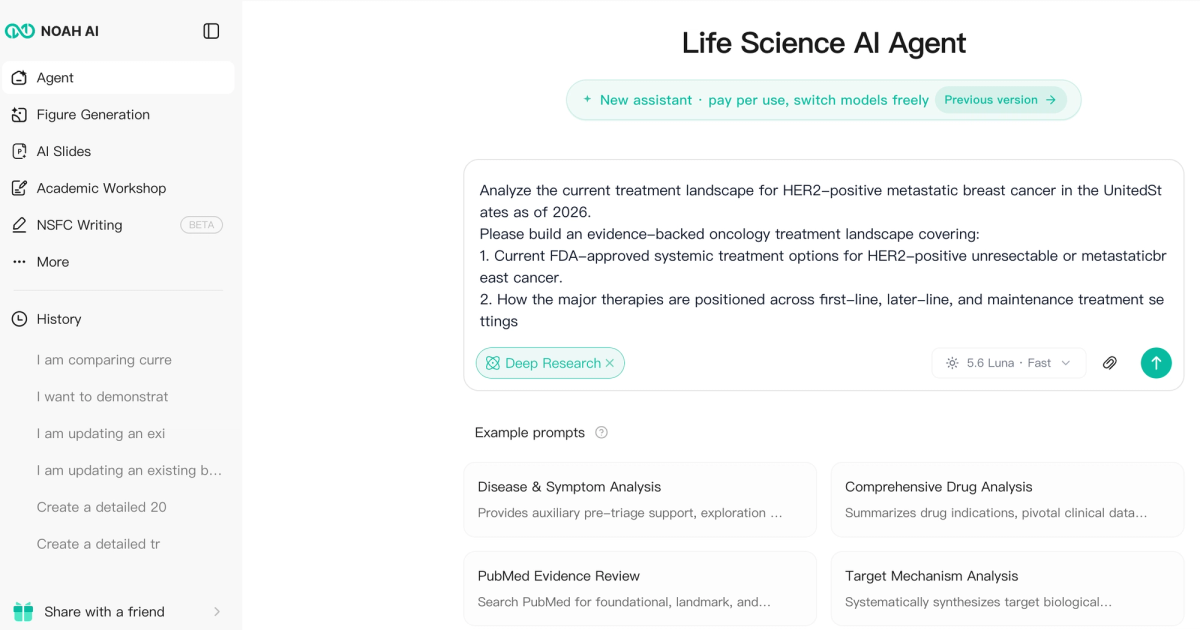 A treatment landscape research prompt entered into Noah AI for HER2-positive metastatic breast cancer in the United States as of 2026.