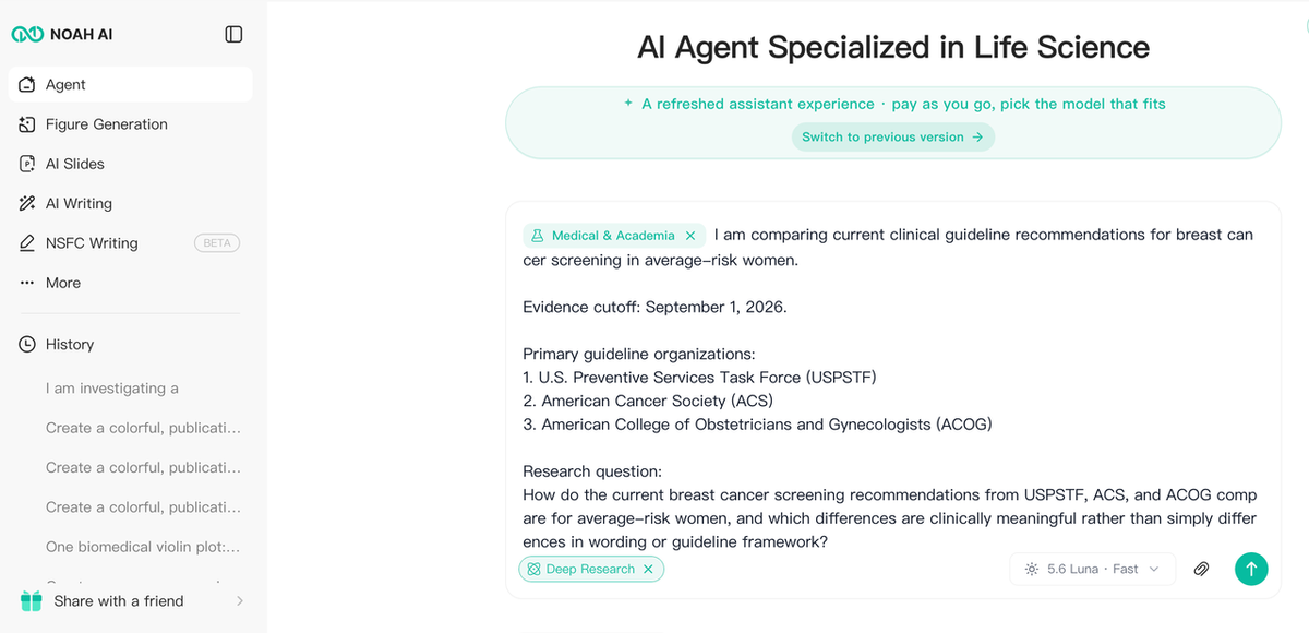 Noah AI Deep Research prompt comparing USPSTF, ACS, and ACOG breast cancer screening guidelines