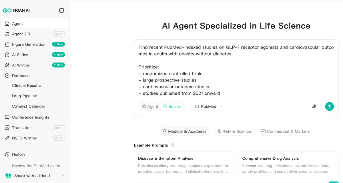 Noah search setup: the user enters a natural-language biomedical query in Search mode with PubMed selected as the source.