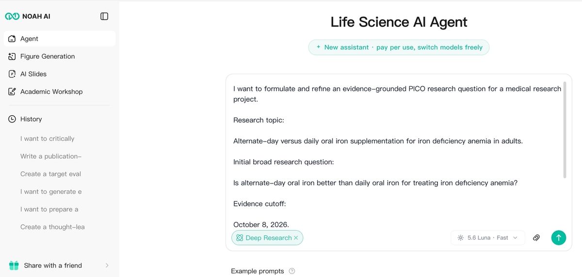 A broad medical question entered into Noah AI for evidence-grounded PICO formulation.