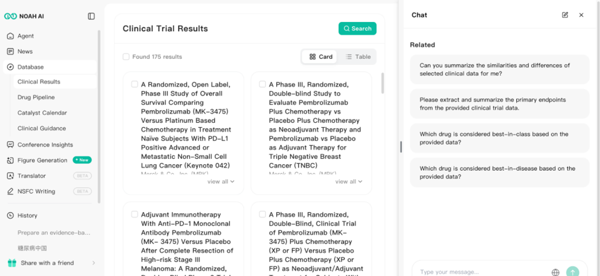 Noah AI Clinical Trial Results search results for pembrolizumab and PD-1 clinical trial data