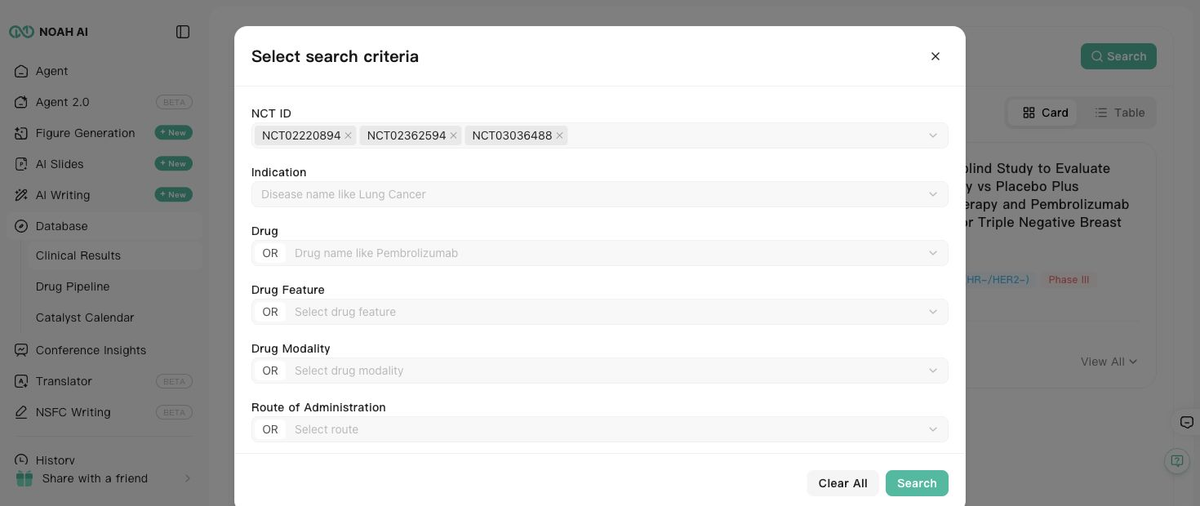Noah Clinical Results uses structured filters for a bounded clinical trial search
