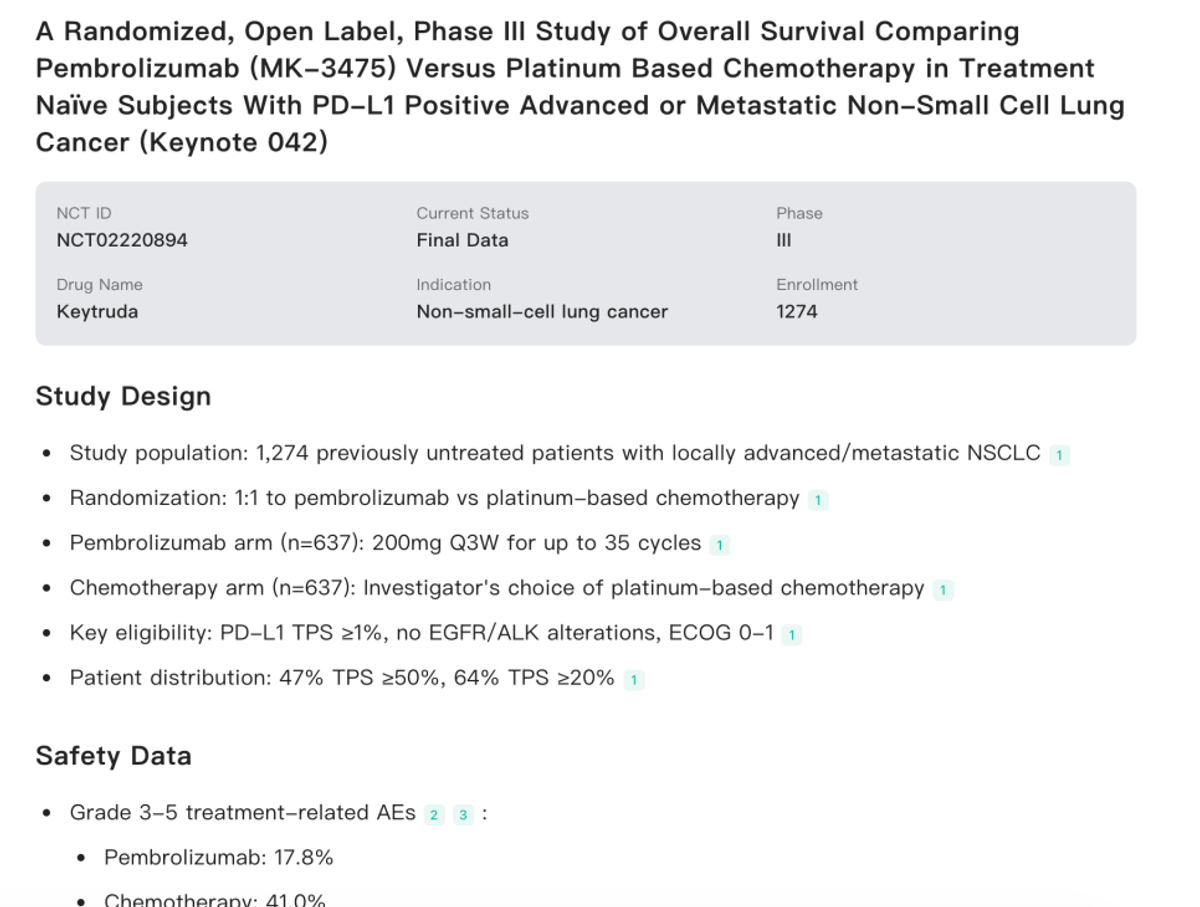 Noah AI clinical trial detail page for KEYNOTE-042 showing structured trial design and safety data