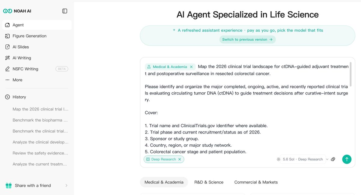 Figure 1. Noah AI's updated Agent interface running a Medical & Academia Deep Research task for the 2026 ctDNA-guided colorectal cancer trial landscape.