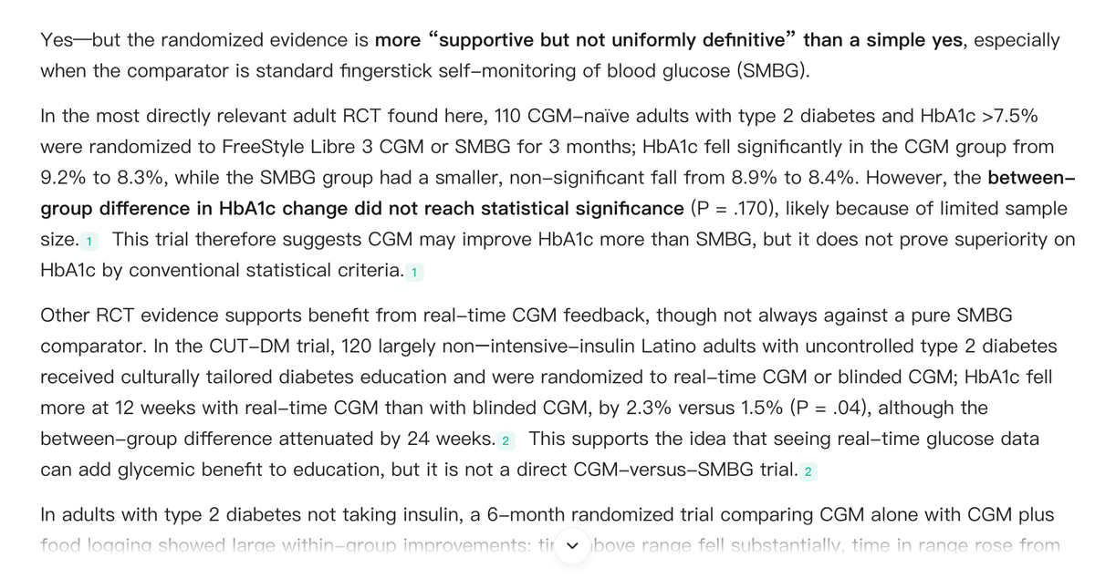 Noah AI evidence synthesis summarizing randomized trials of CGM versus standard monitoring for HbA1c control in type 2 diabetes, with inline PubMed citations.