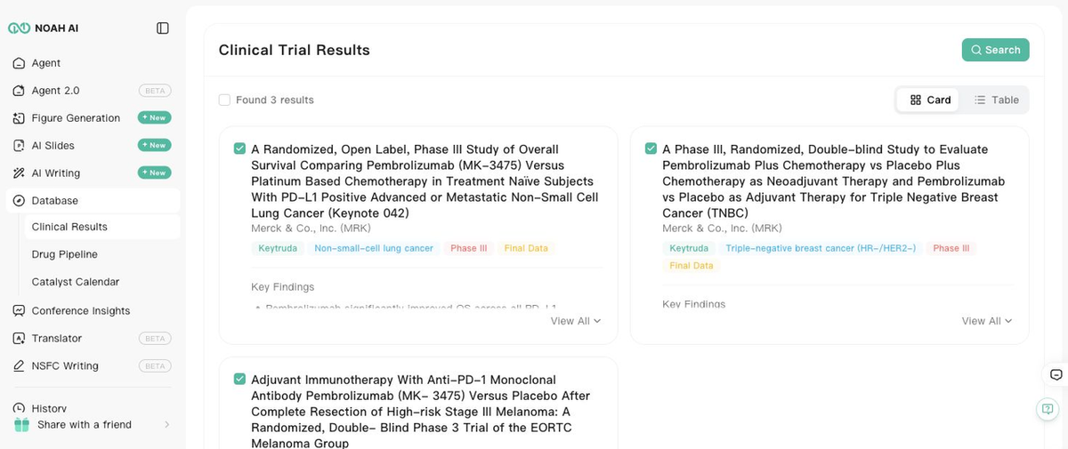 Matching trial records remain visible and selectable before AI analysis.