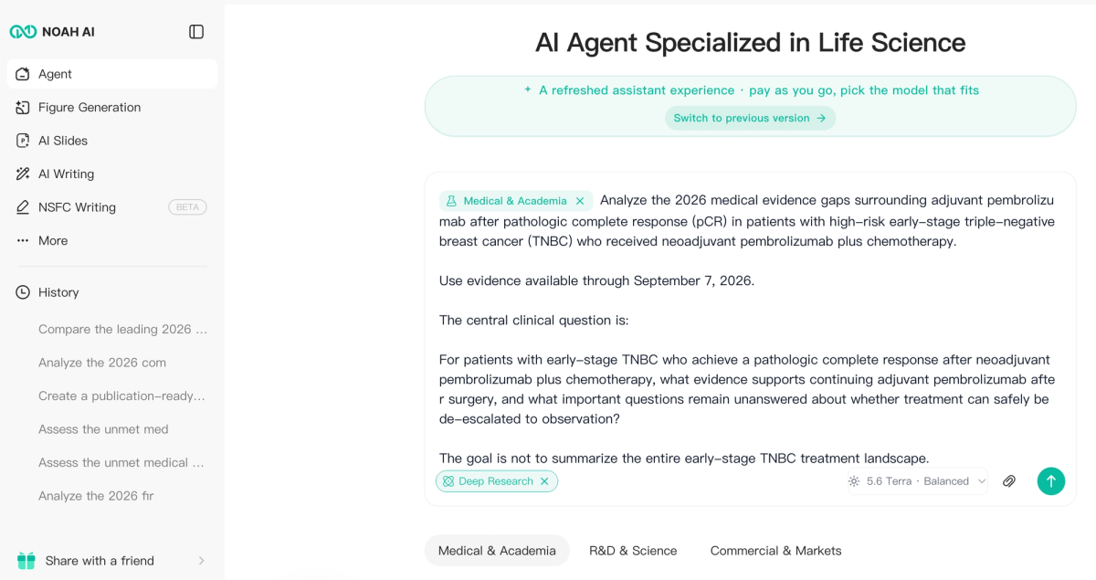 Figure 1. Noah AI Agent configured for a focused medical evidence-gap question