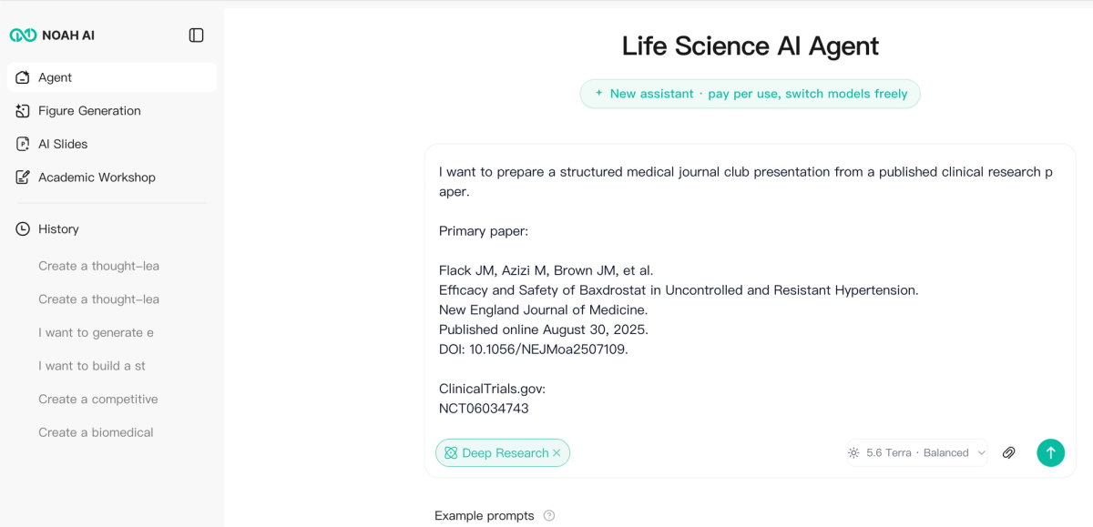 The Noah AI workflow begins with a defined biomedical research area, evidence cutoff, and an explicit instruction to generate ideas from unresolved, contradictory, complementary, or underconnected evidence rather than generic brainstorming.