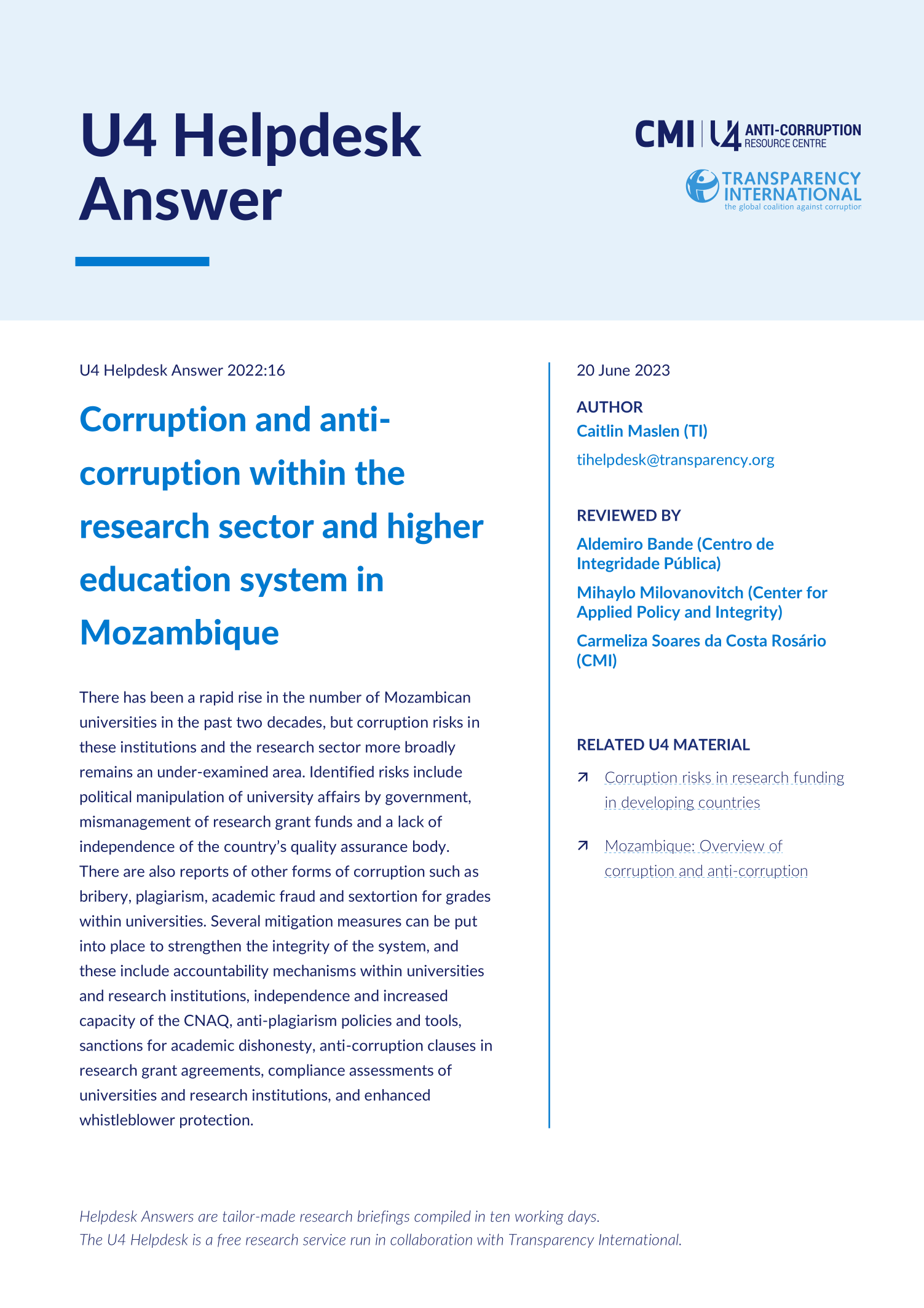 Mozambique: Corruption and anti-corruption within the research sector and higher education system