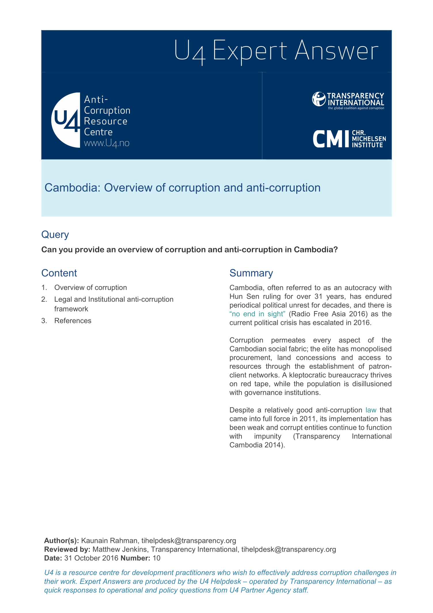 Cambodia: Overview of corruption and anti-corruption