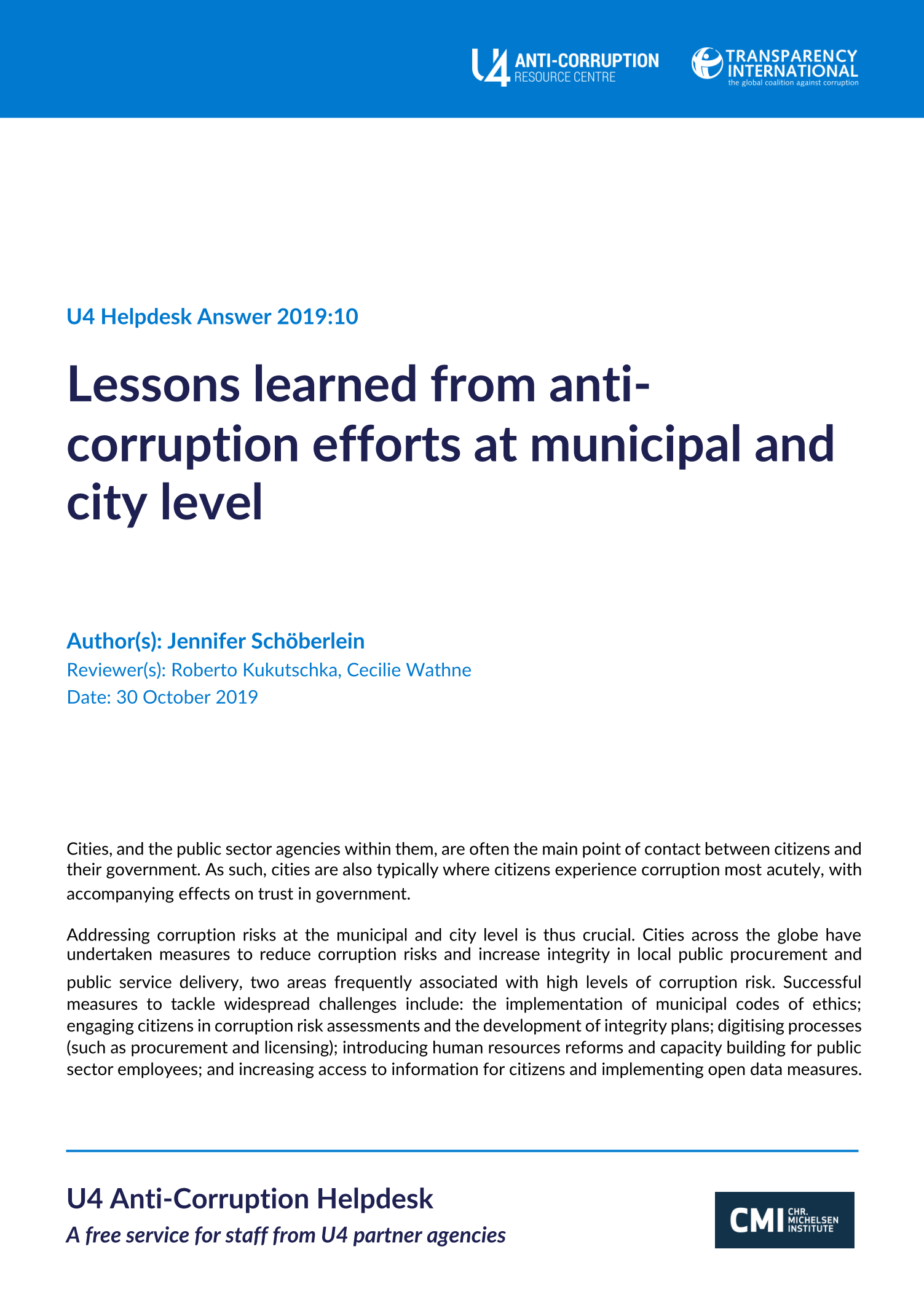Lessons learned from anti-corruption efforts at municipal and city level