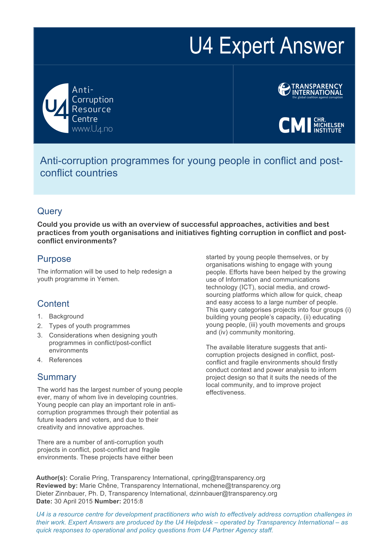 Anti-corruption programmes for young people in conflict and post-conflict countries