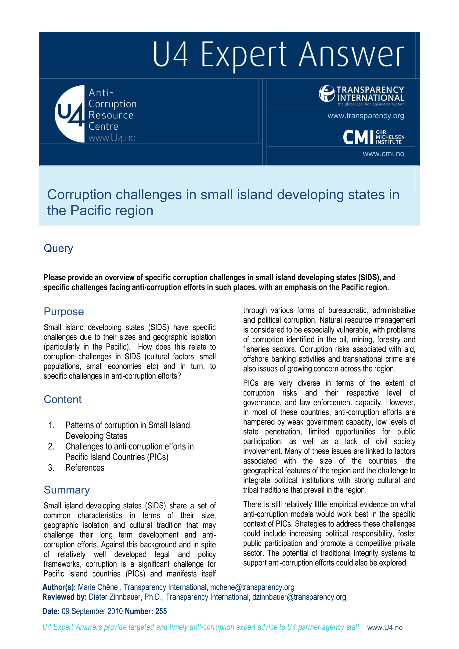 Corruption challenges in small island developing states in the Pacific region