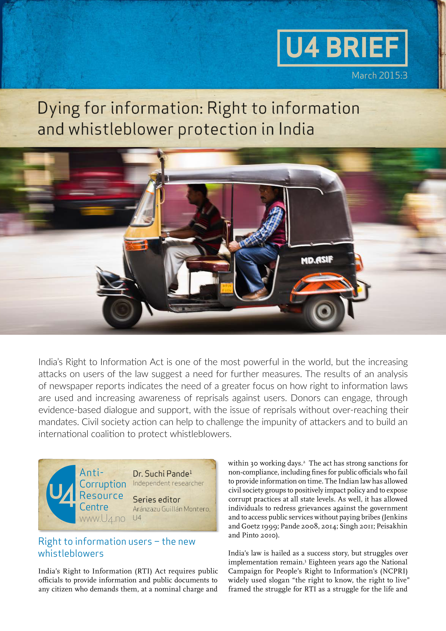 Dying for information: Right to information and whistleblower protection in India