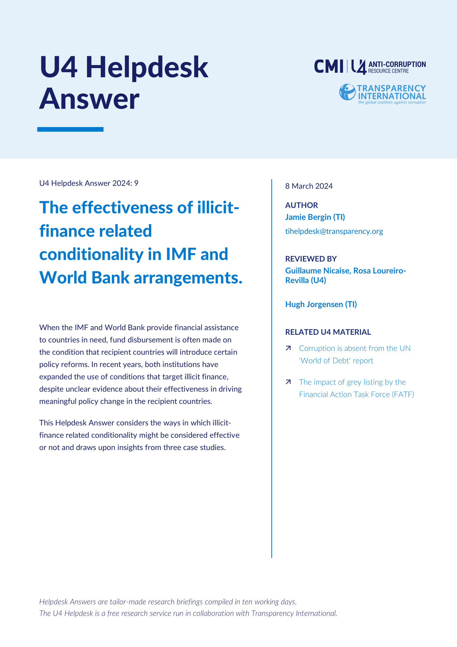 The effectiveness of illicit-finance related conditionality in IMF and World Bank arrangements