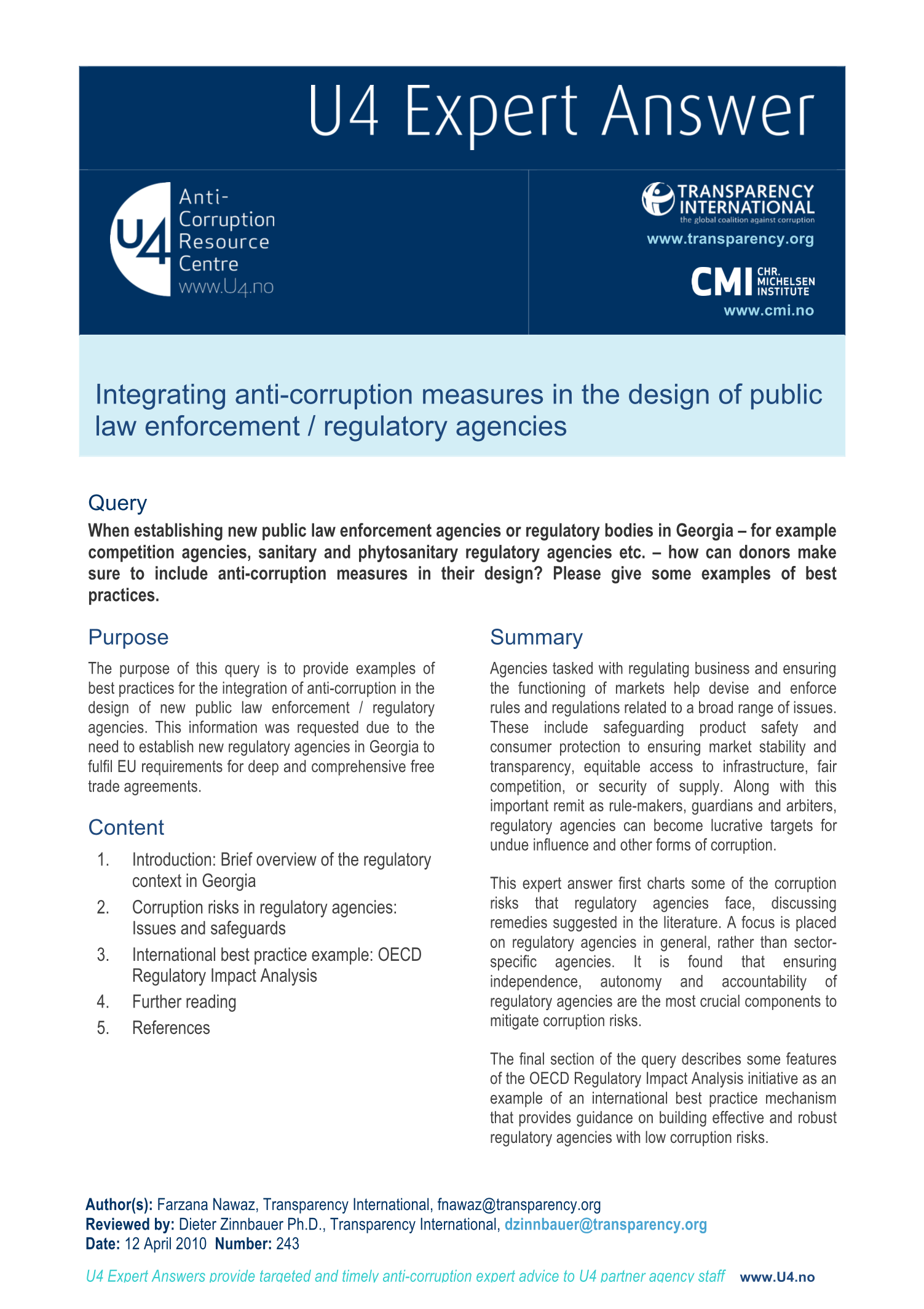 Integrating anti-corruption measures in the design of public law enforcement / regulatory agencies