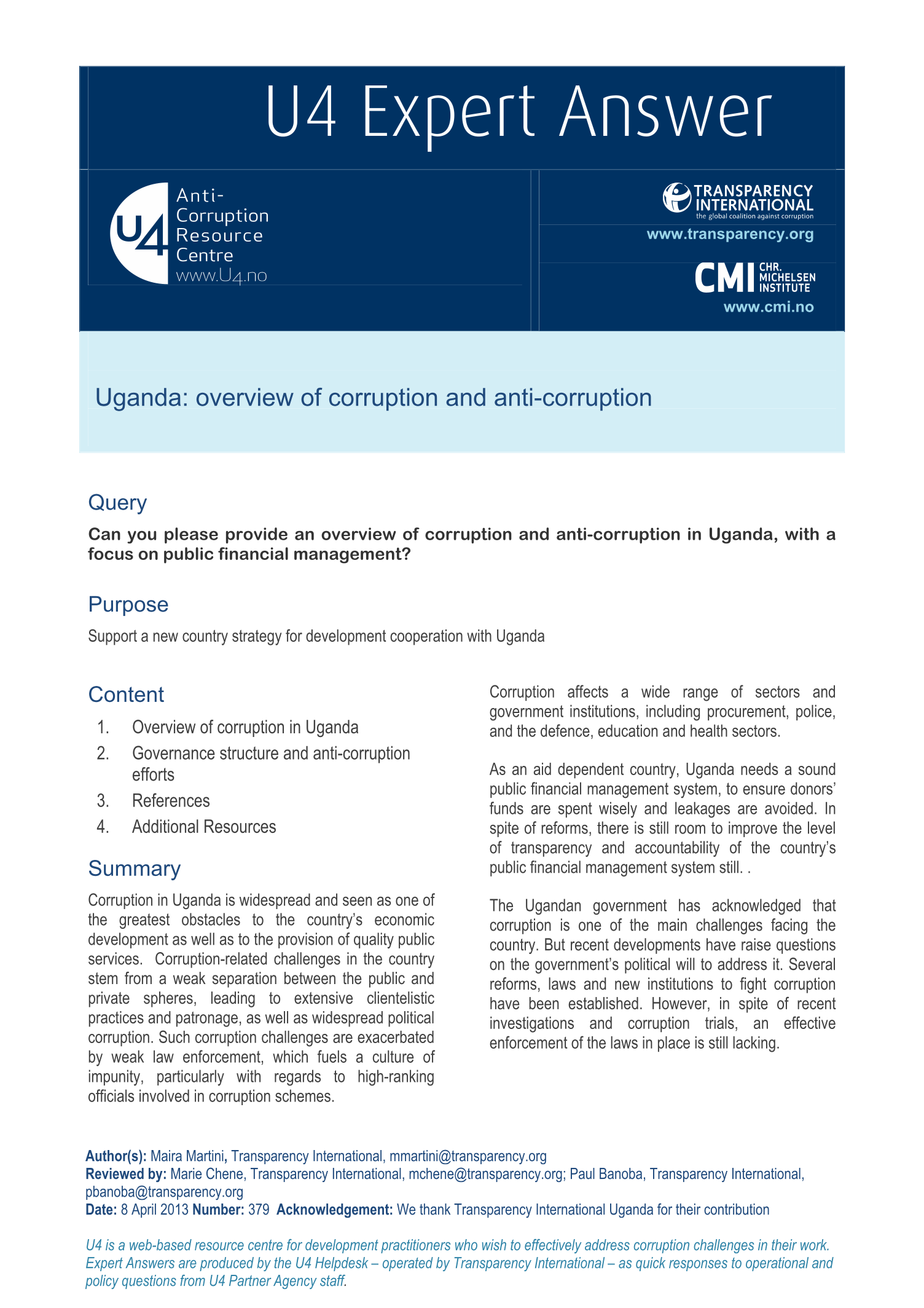Uganda: overview of corruption and anti-corruption