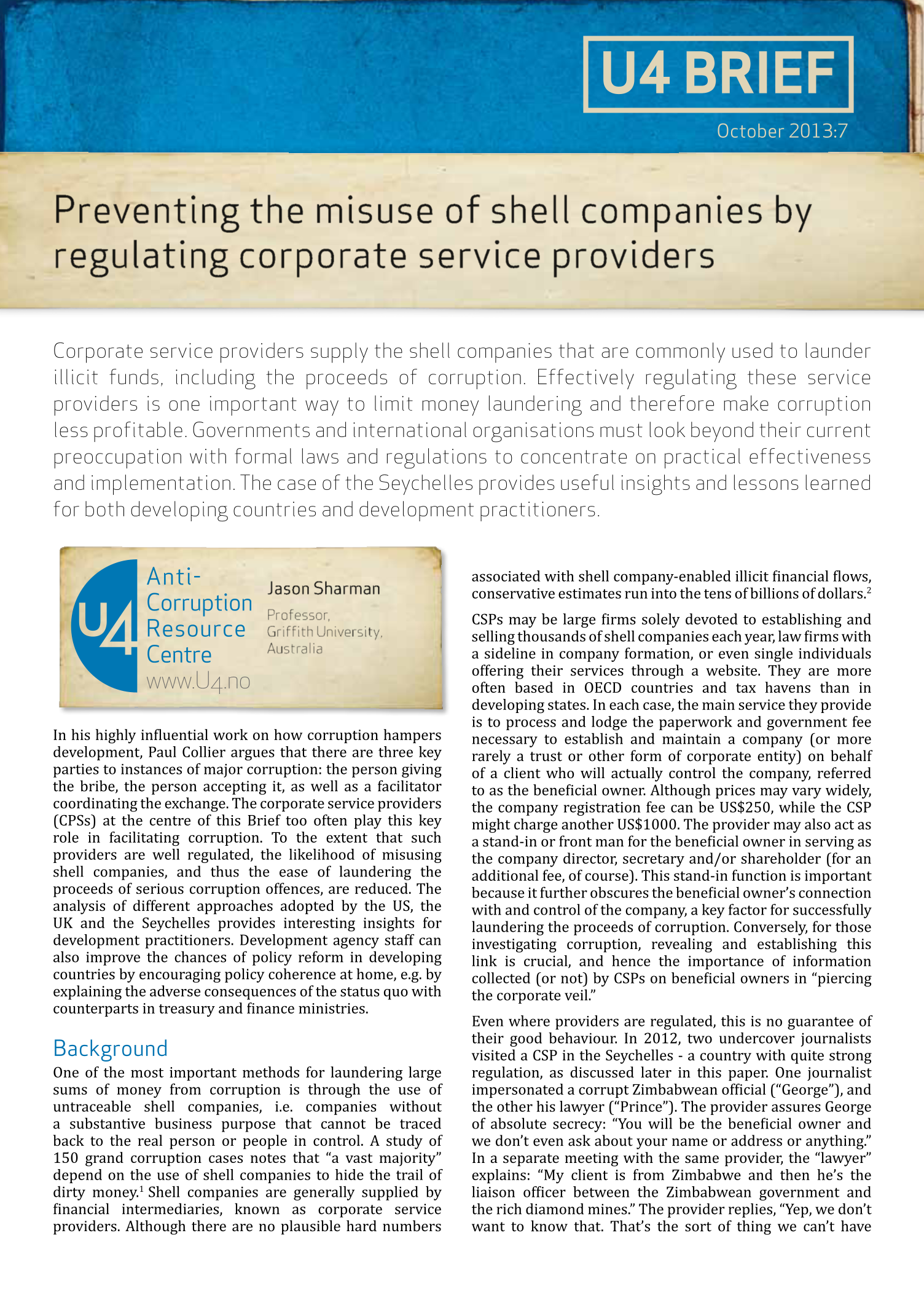 Preventing the misuse of shell companies by regulating corporate service providers