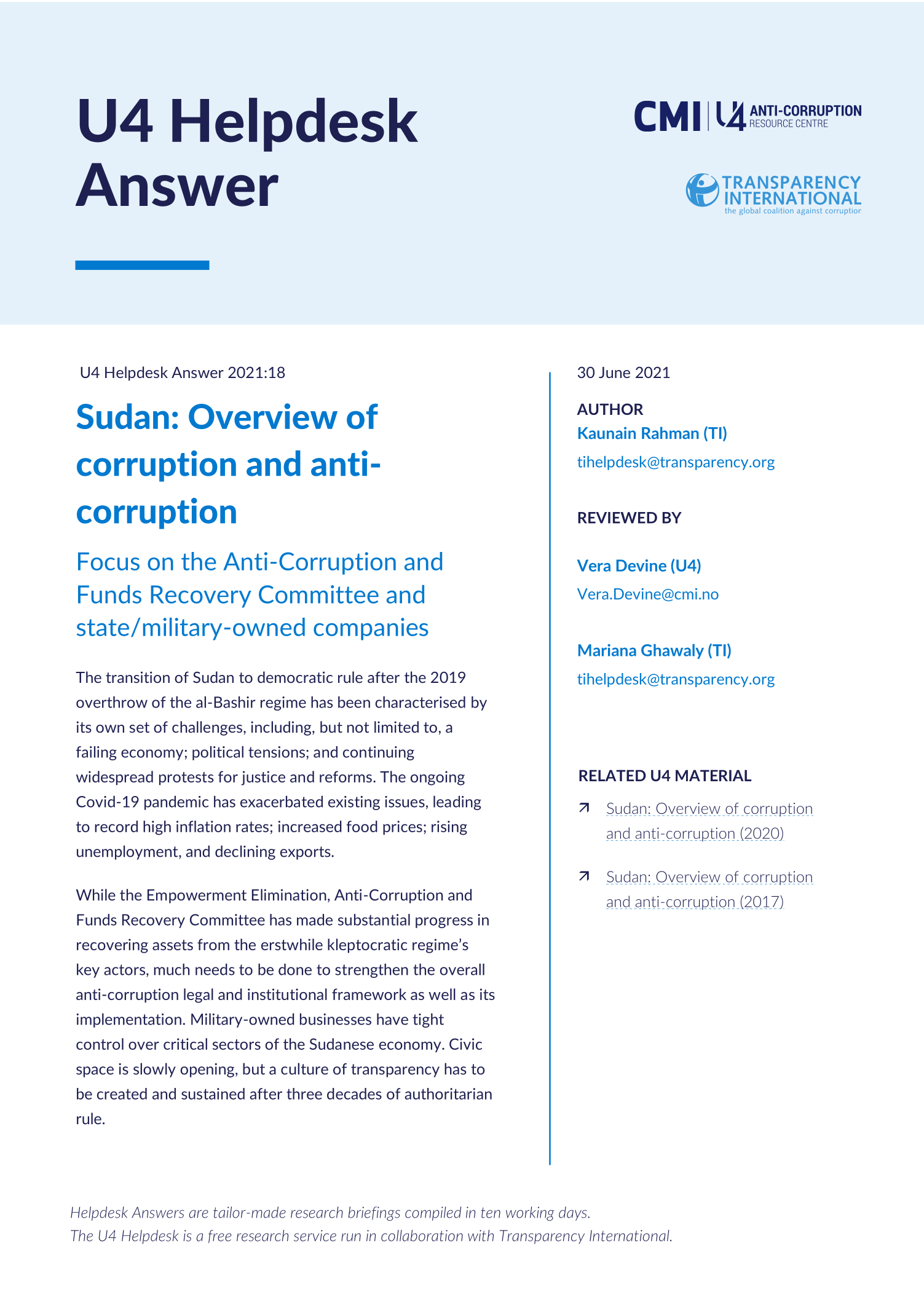 Sudan: Overview of corruption and anti-corruption