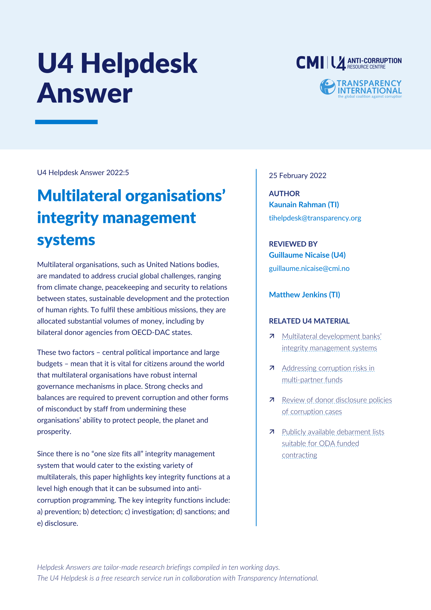 Multilateral organisations’ integrity management systems