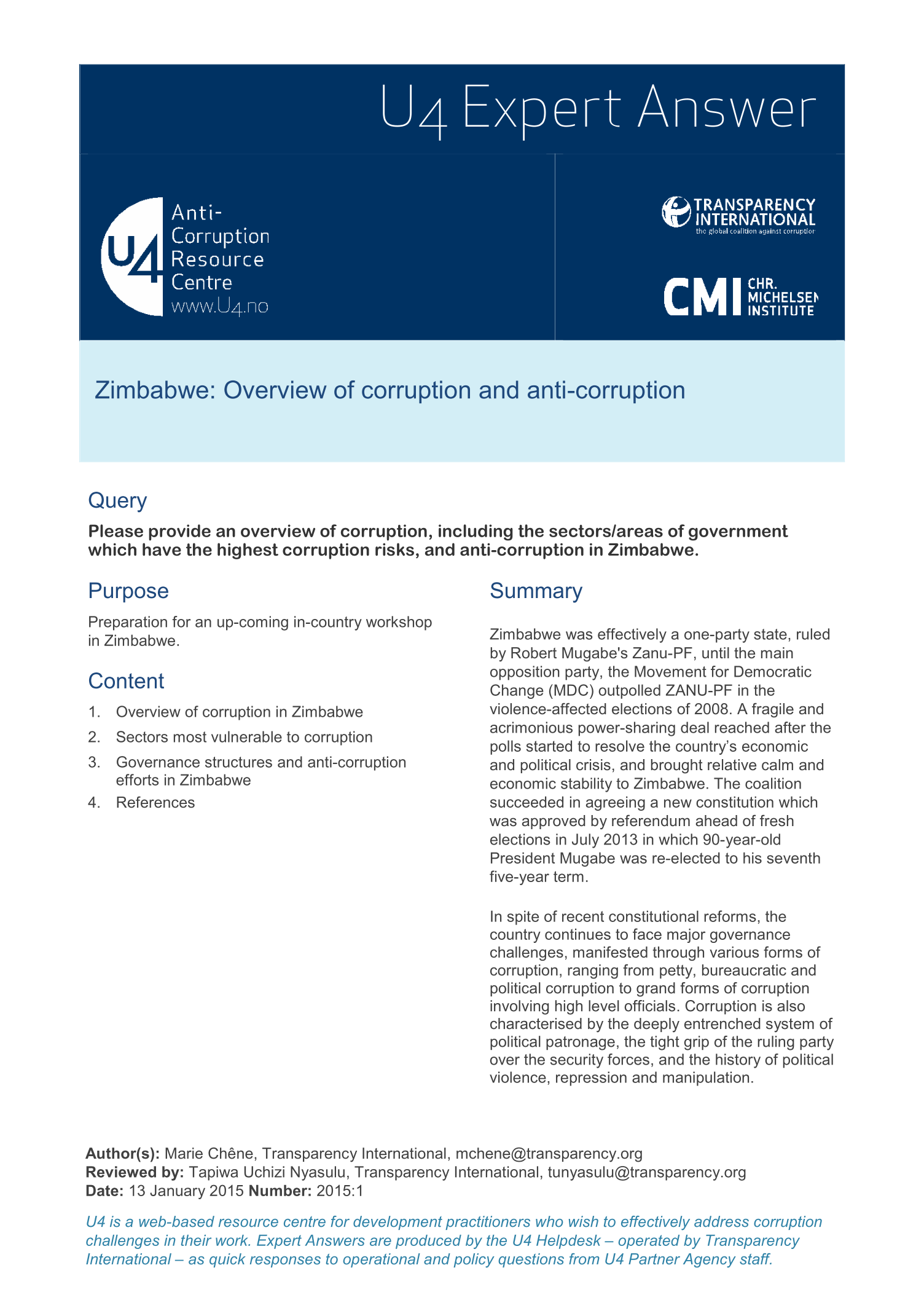 Zimbabwe: Overview of corruption and anti-corruption