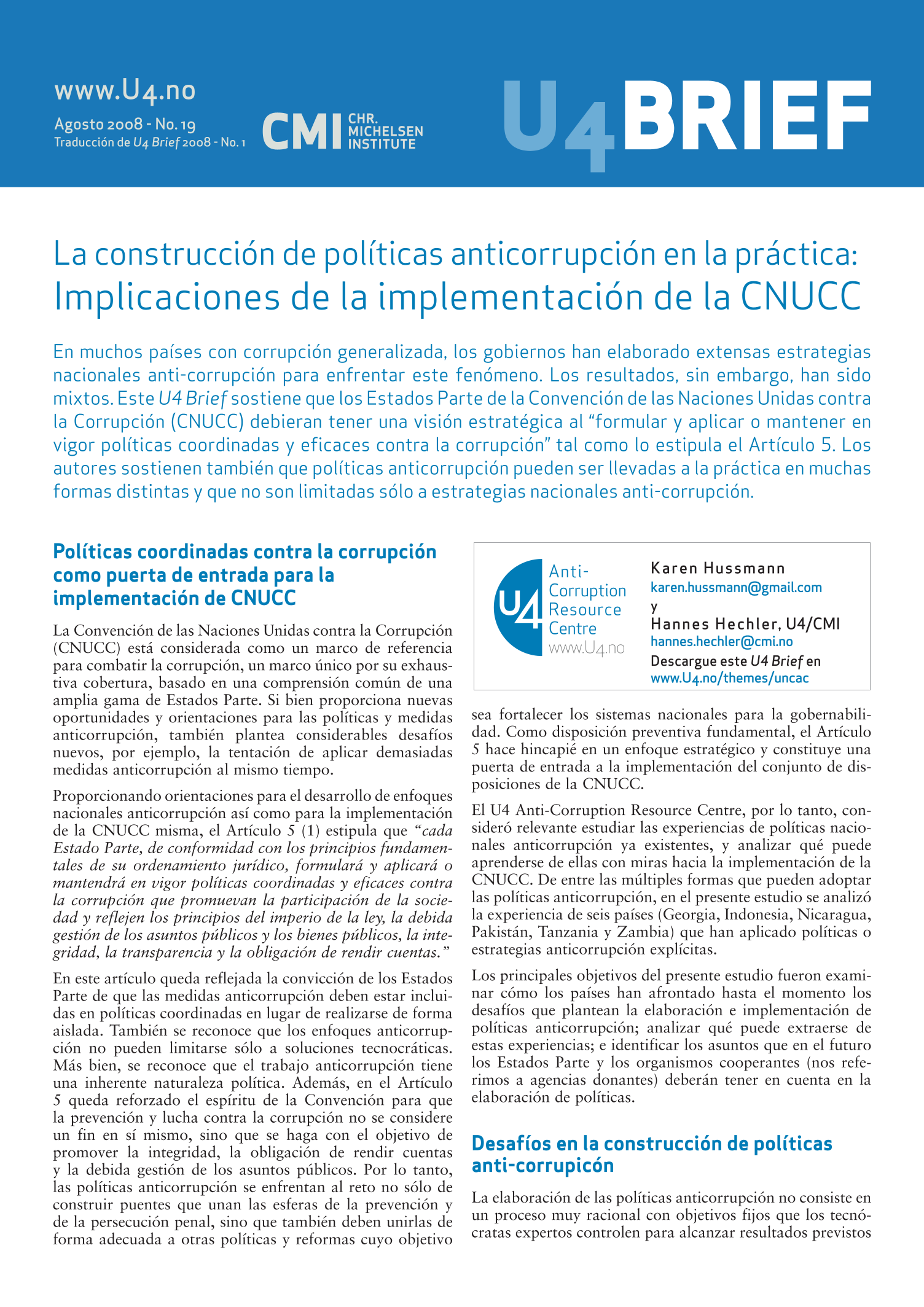 La Construcción de Políticas Anticorrupción en la Práctica: Implicaciones de la Implementación de la CNUCC