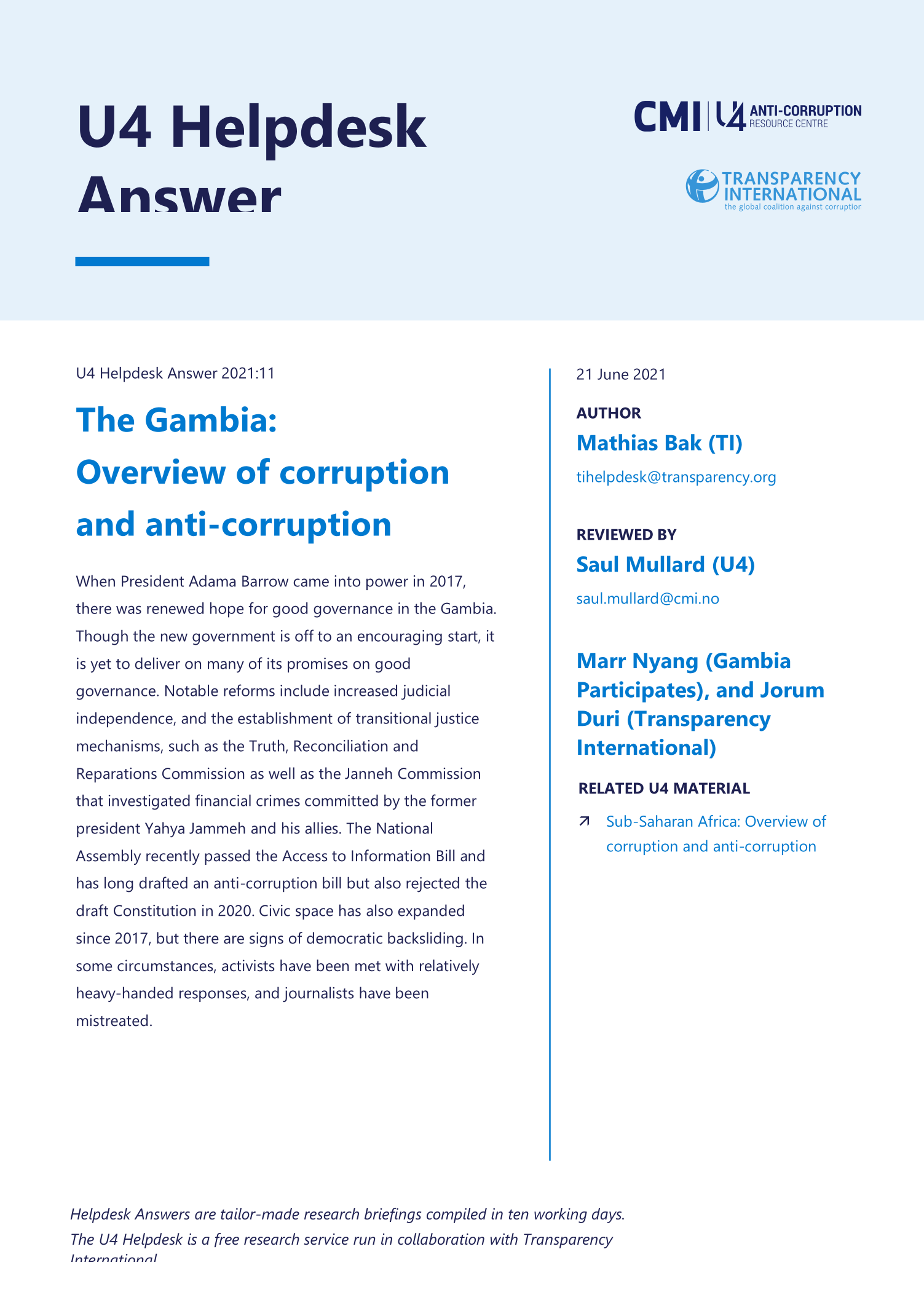 The Gambia:  Overview of corruption and anti-corruption