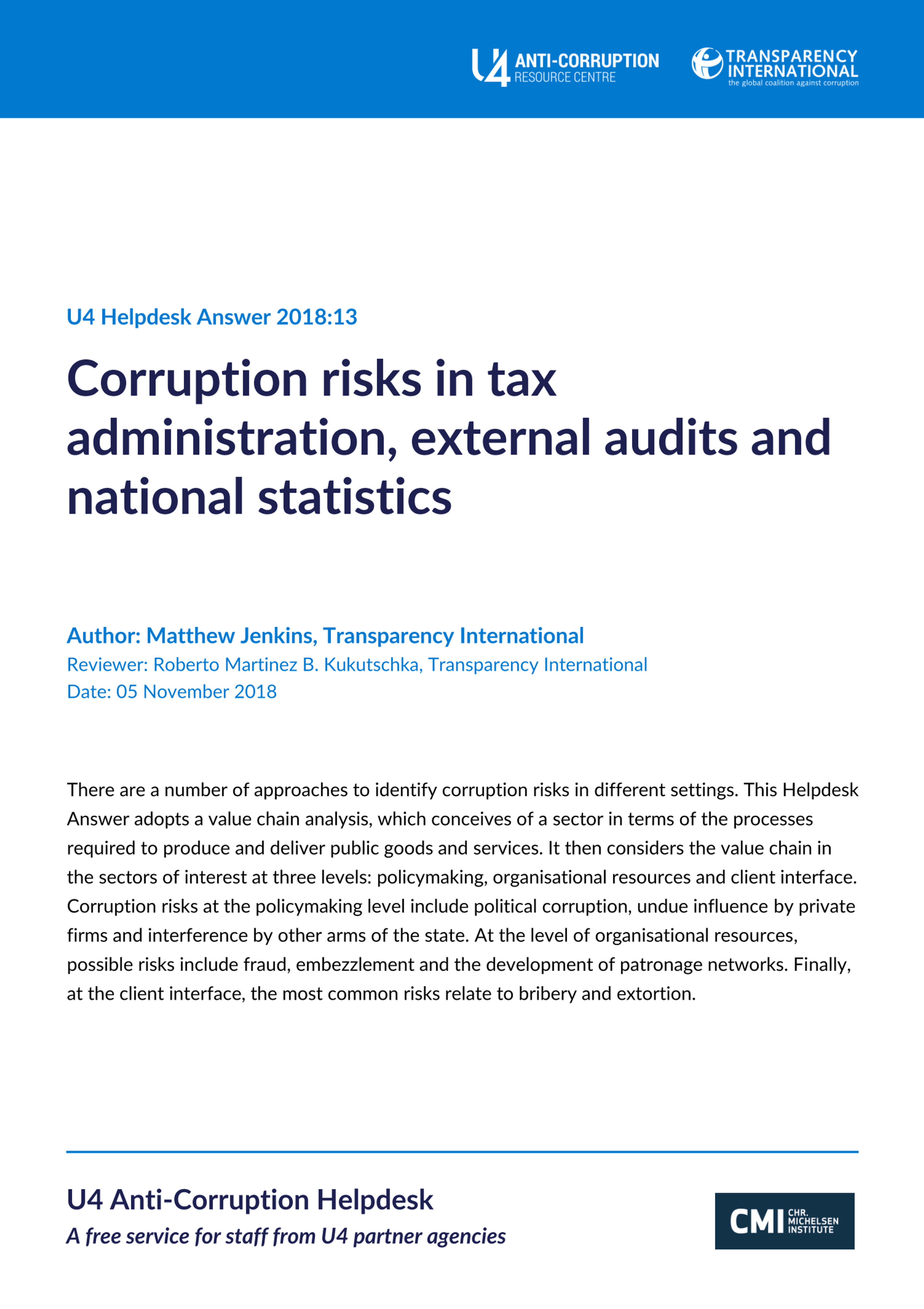 Corruption risks in tax administration, external audits and national statistics
