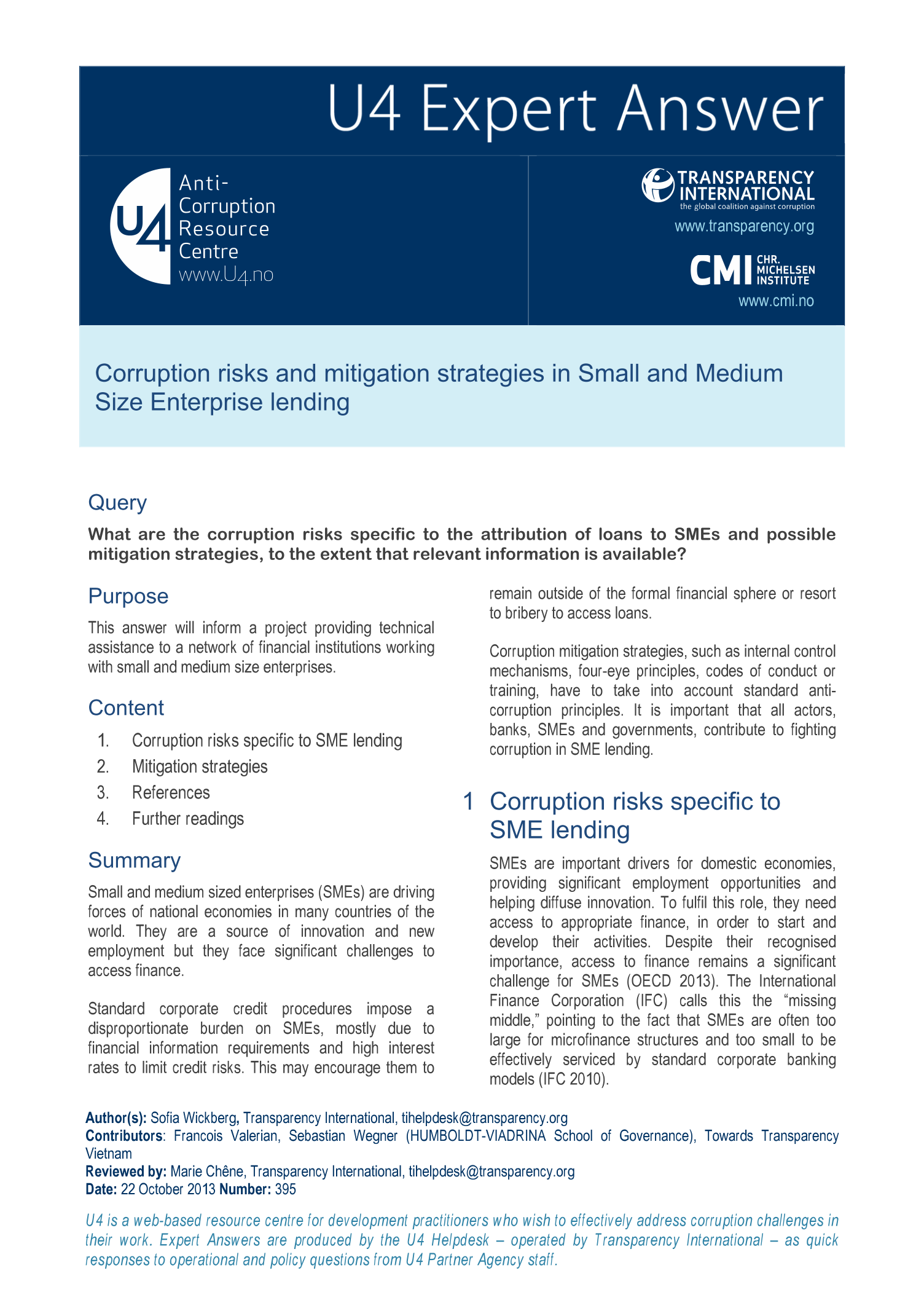 Corruption risks and mitigation strategies in Small and Medium Size Enterprise lending