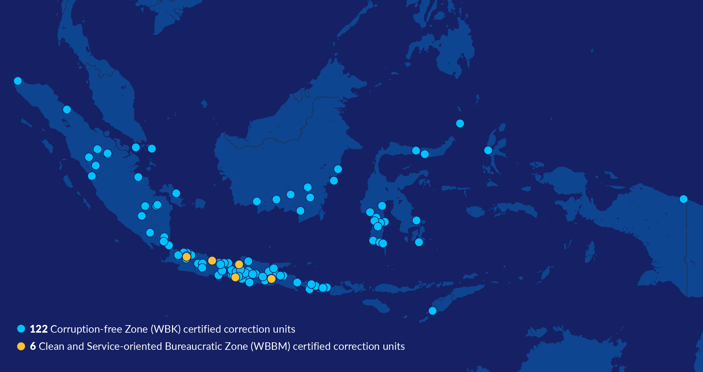 Map of Indonesia showing locations of 122 prisons certified as Corruption-free Zones (WBK) marked with light blue dots, and 6 prisons certified as Clean and Service-oriented Bureaucratic Zones (WBBM) marked with yellow dots. Most certified prisons are concentrated on Java, Sumatra, and Sulawesi islands.