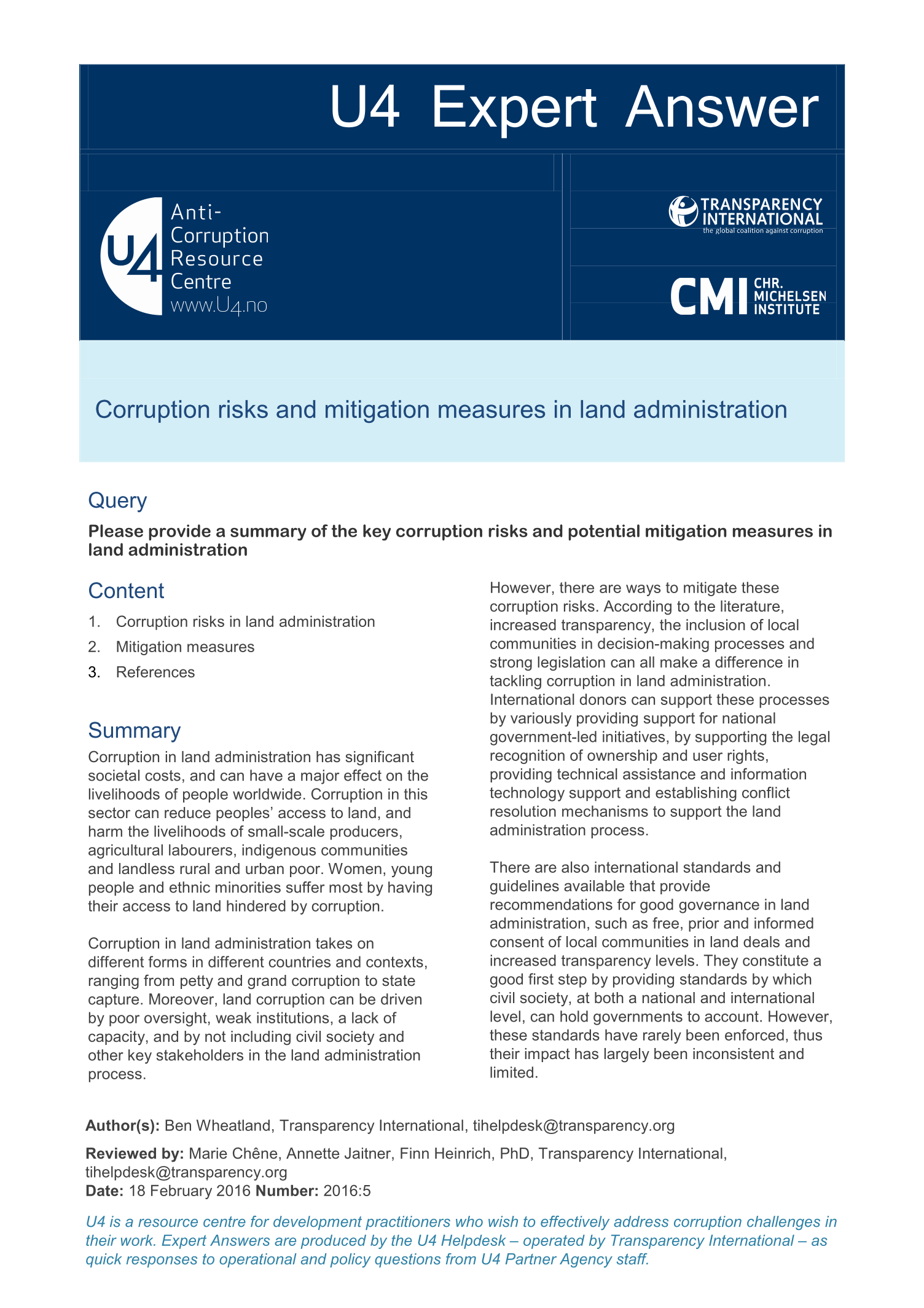 Corruption risks and mitigation measures in land administration