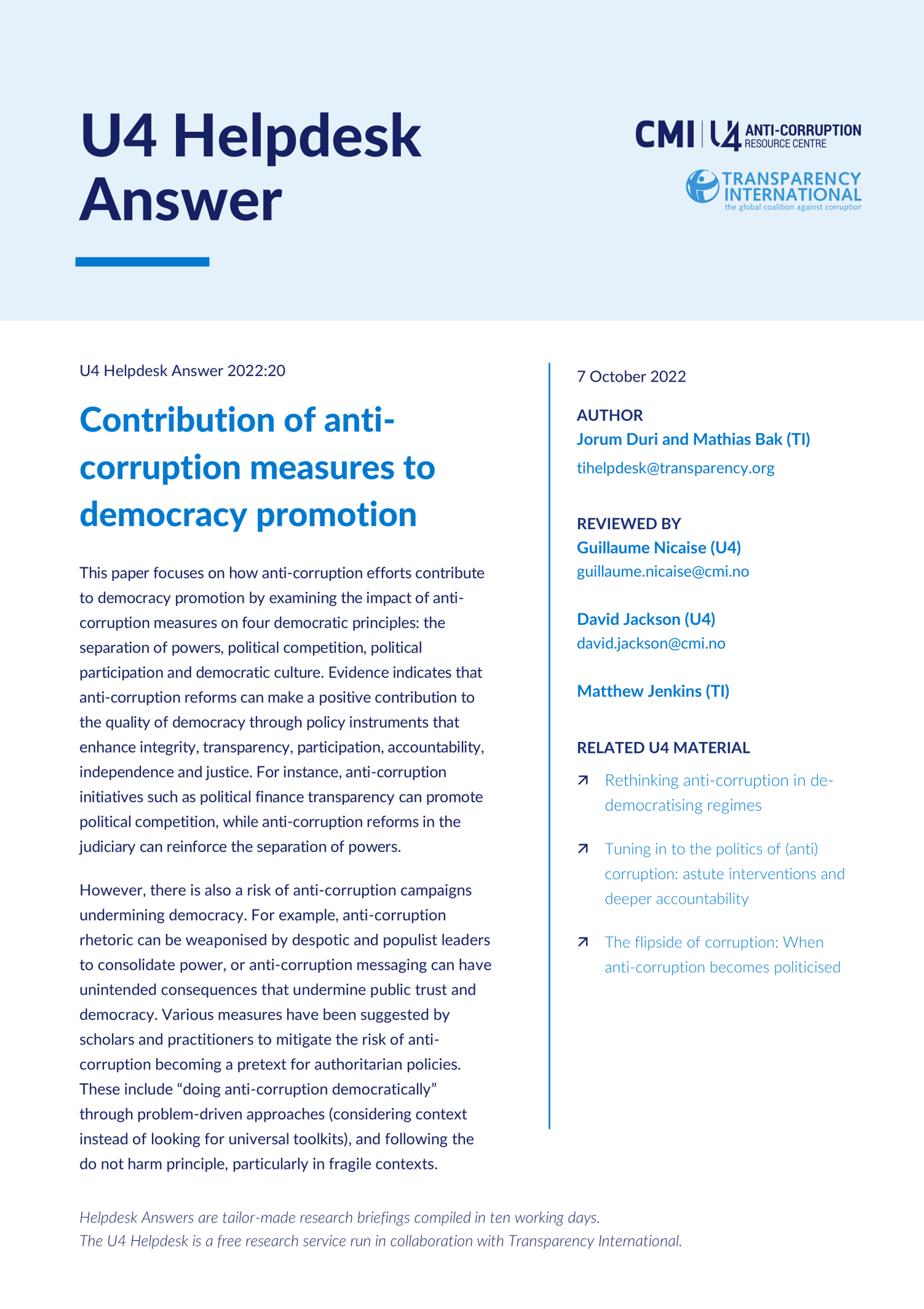 Contribution of anti-corruption measures to democracy promotion