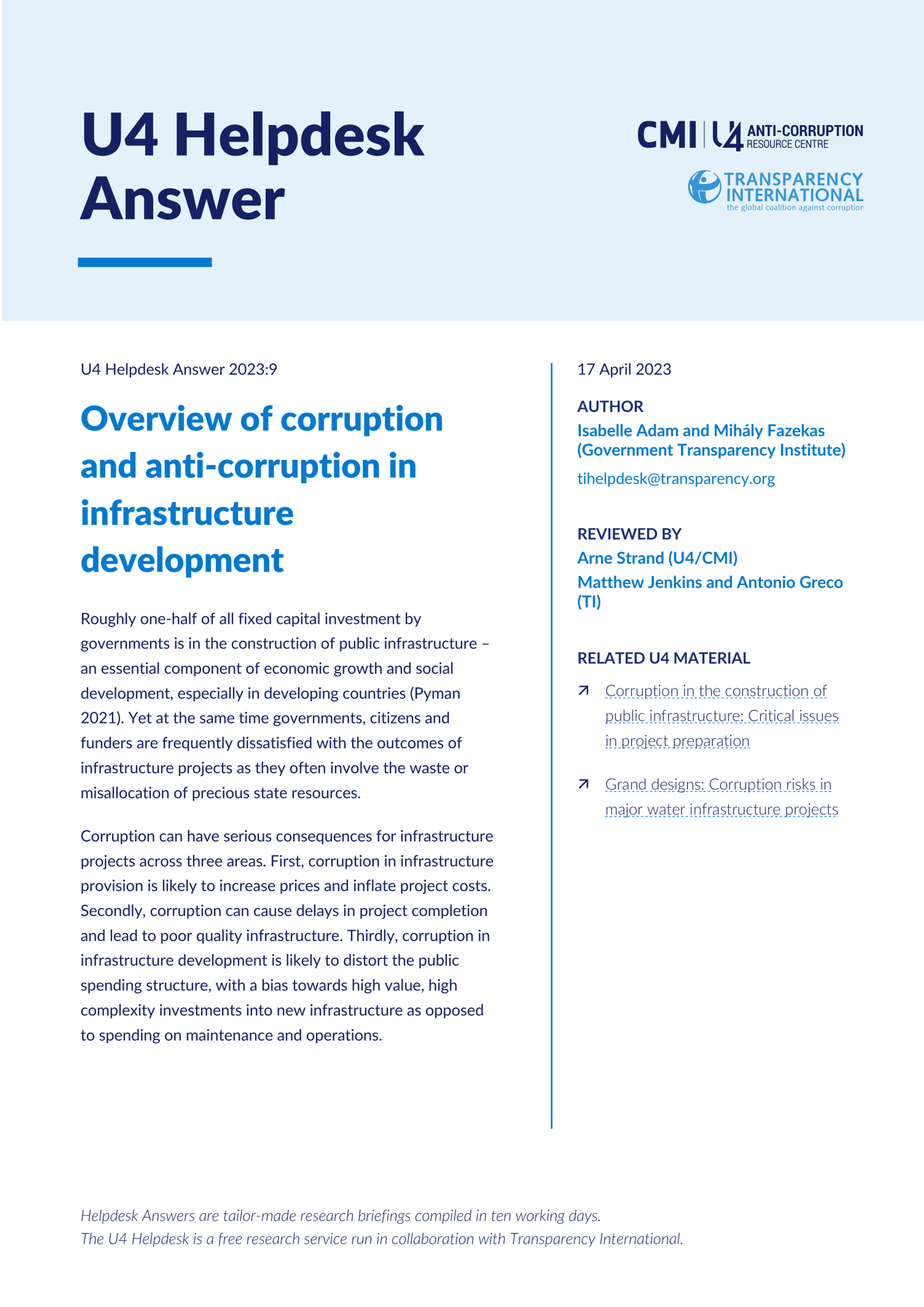 Overview of corruption and anti-corruption in infrastructure development