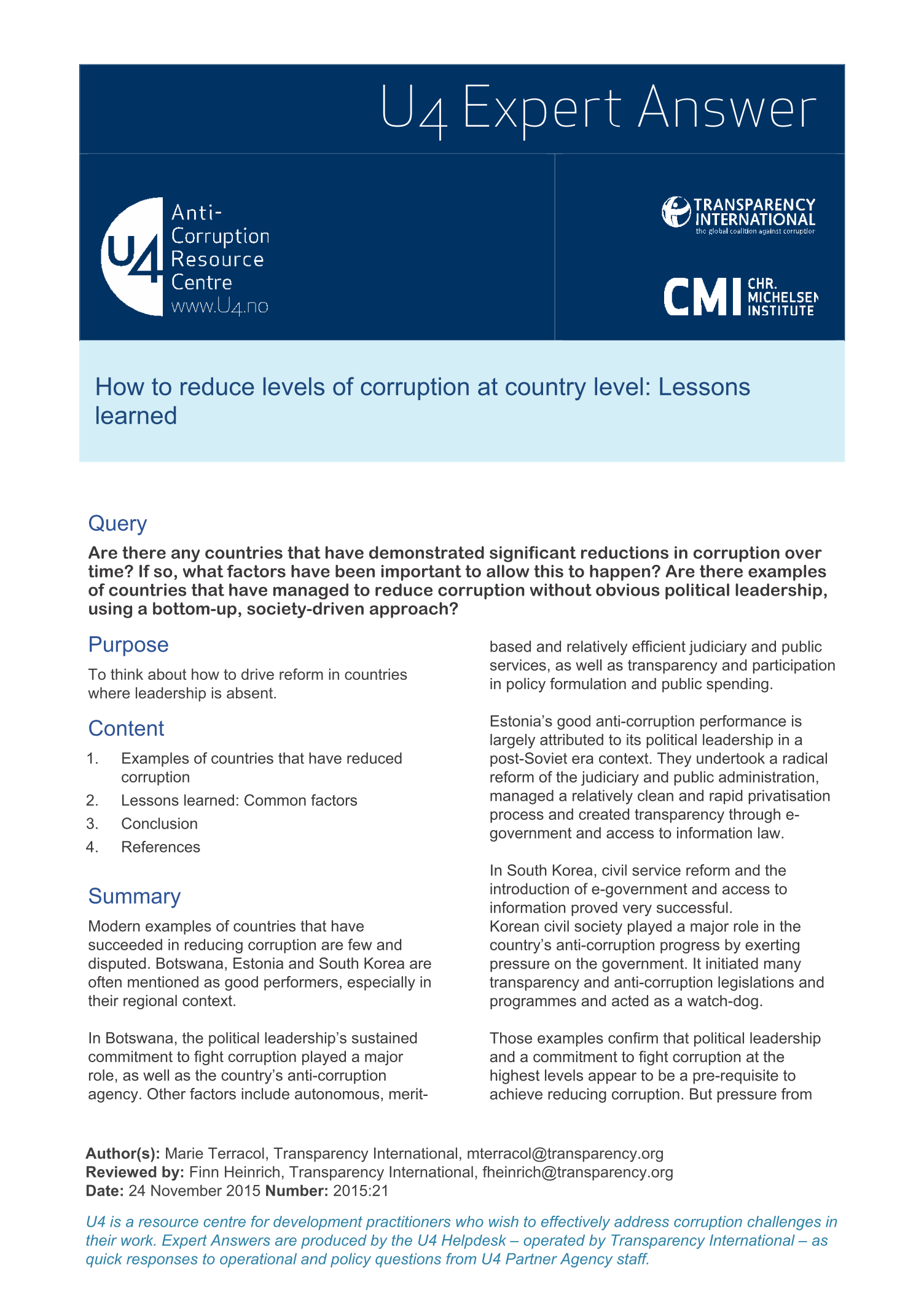 How to reduce levels of corruption at country level: Lessons learned