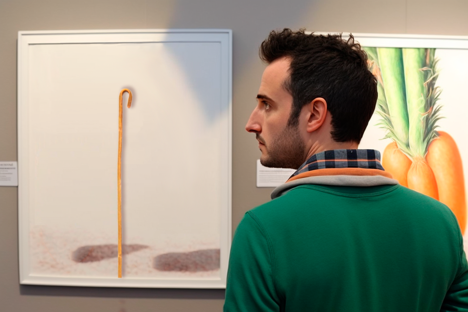 A man looks at two paintings on a wall. One painting is of a cane stick, the other is of a carrot.
