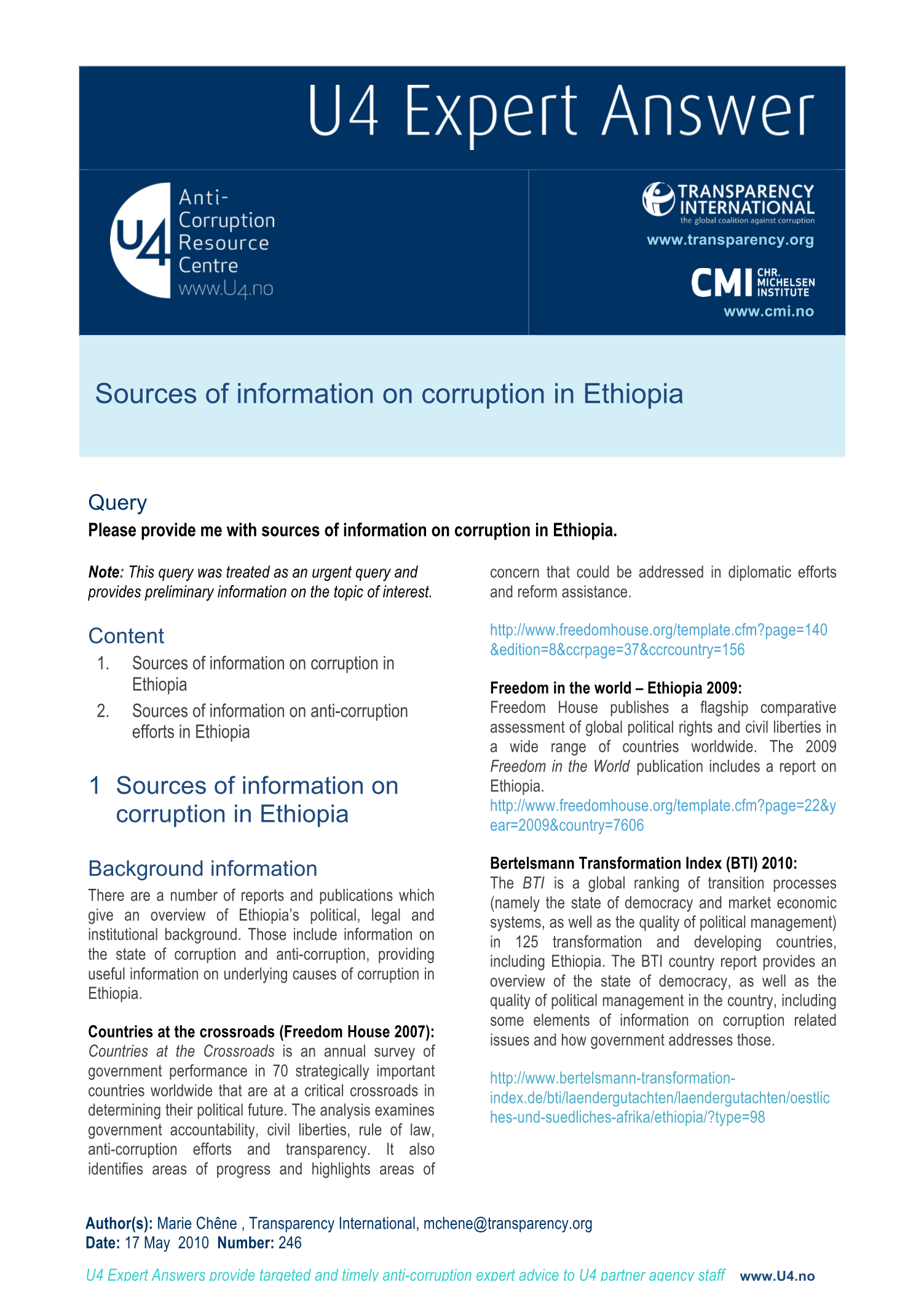 Sources of information on corruption in Ethiopia