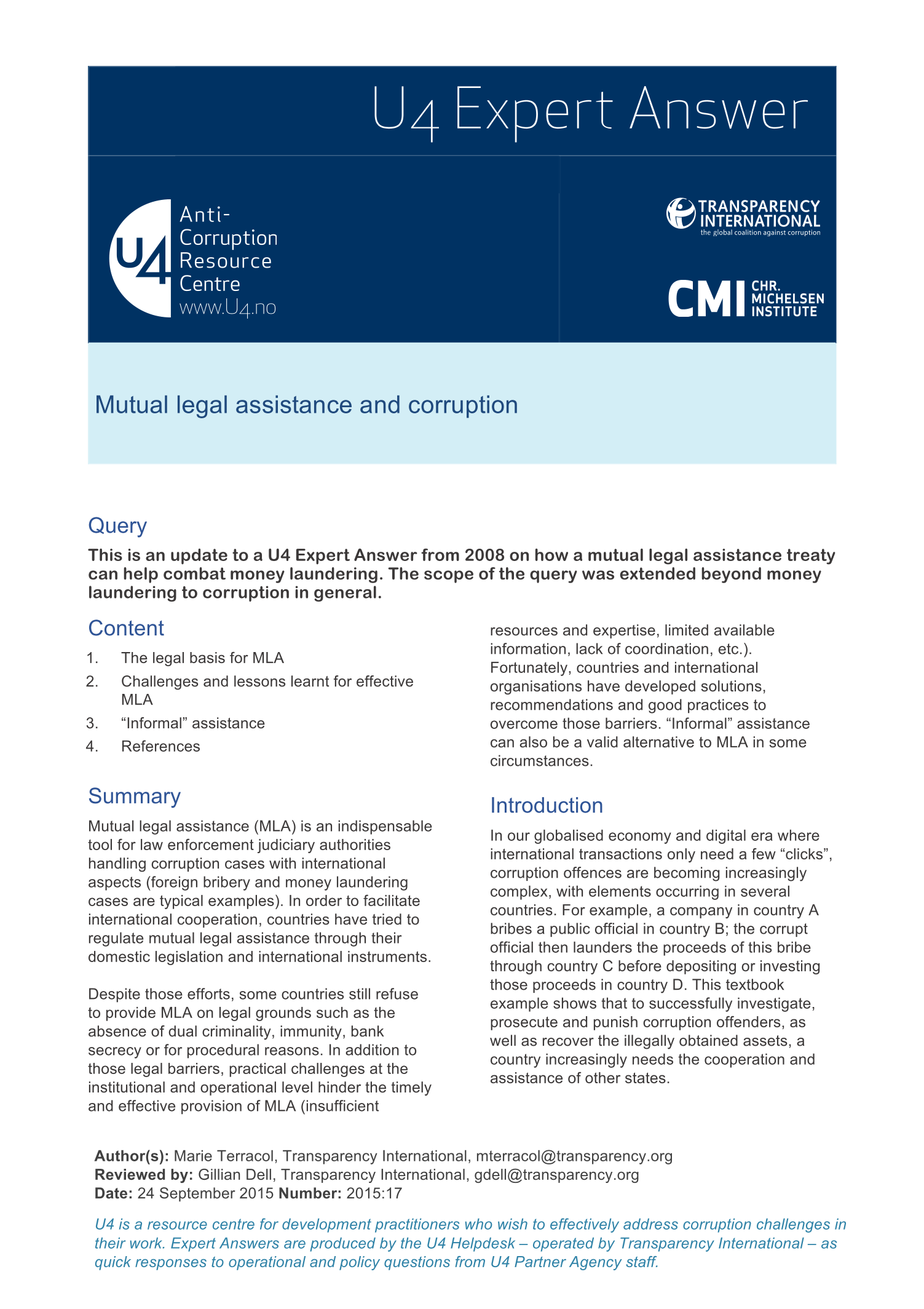 Mutual legal assistance and corruption