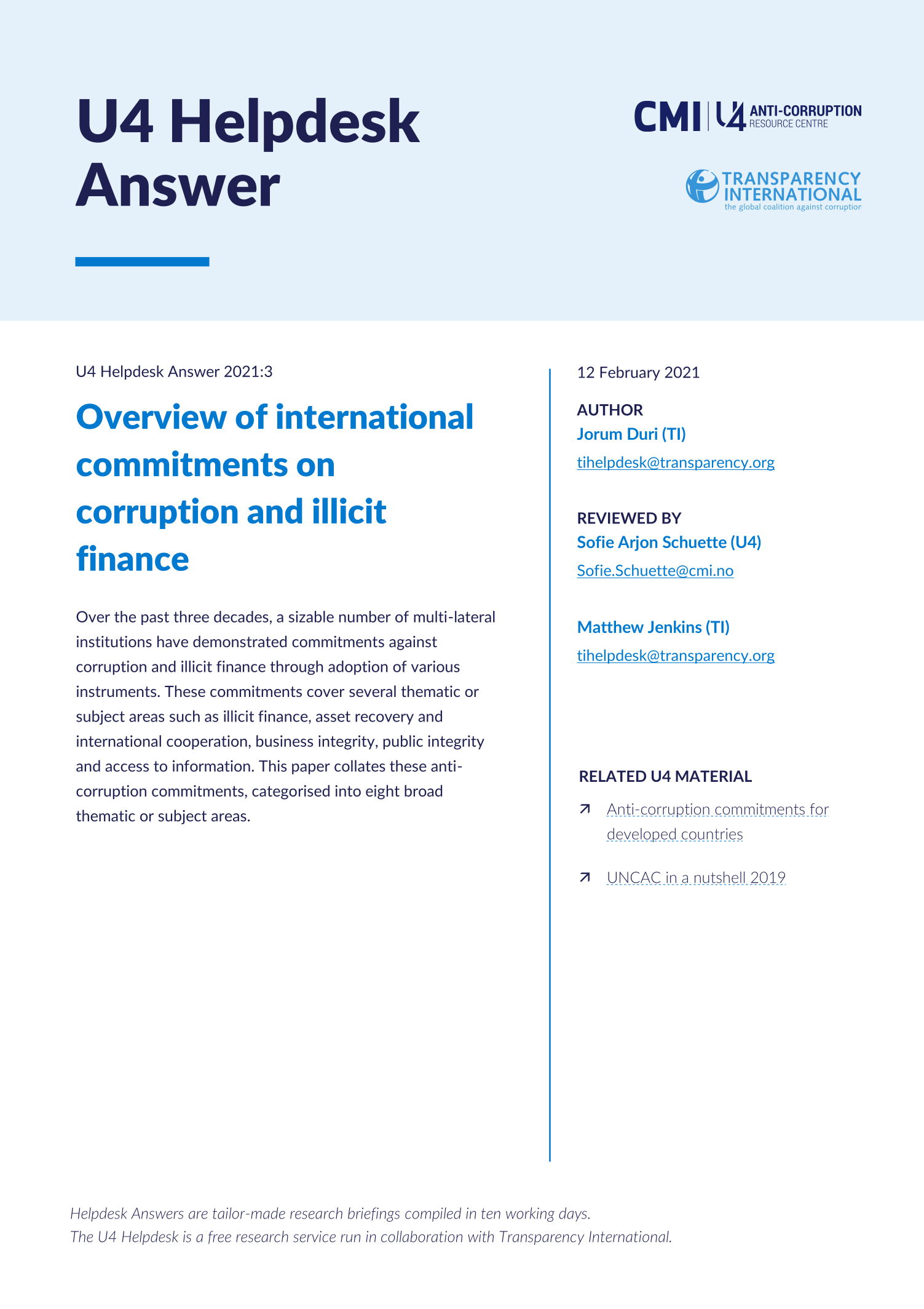 Overview of international commitments on corruption and illicit finance