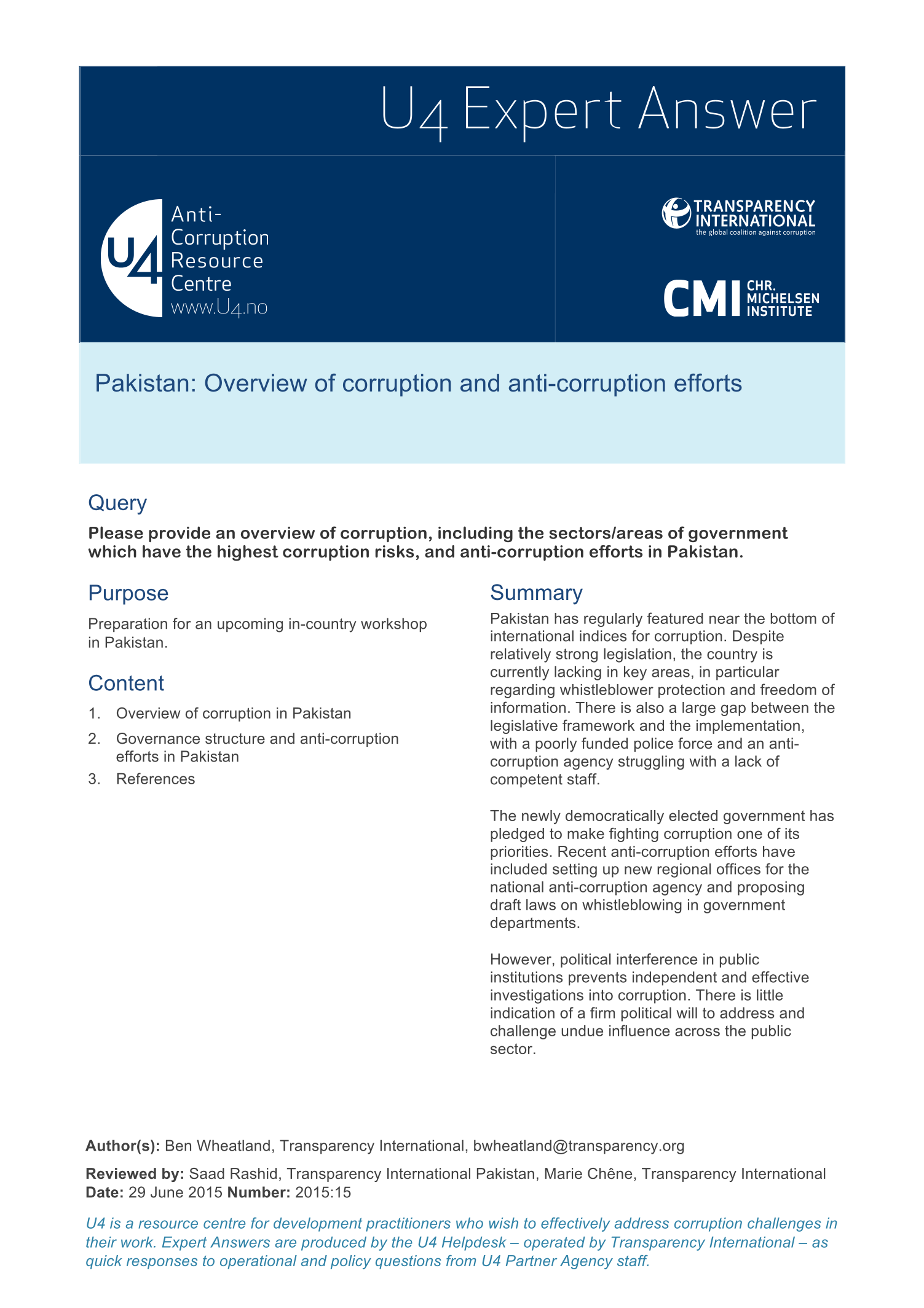 Pakistan: Overview of corruption and anti-corruption efforts