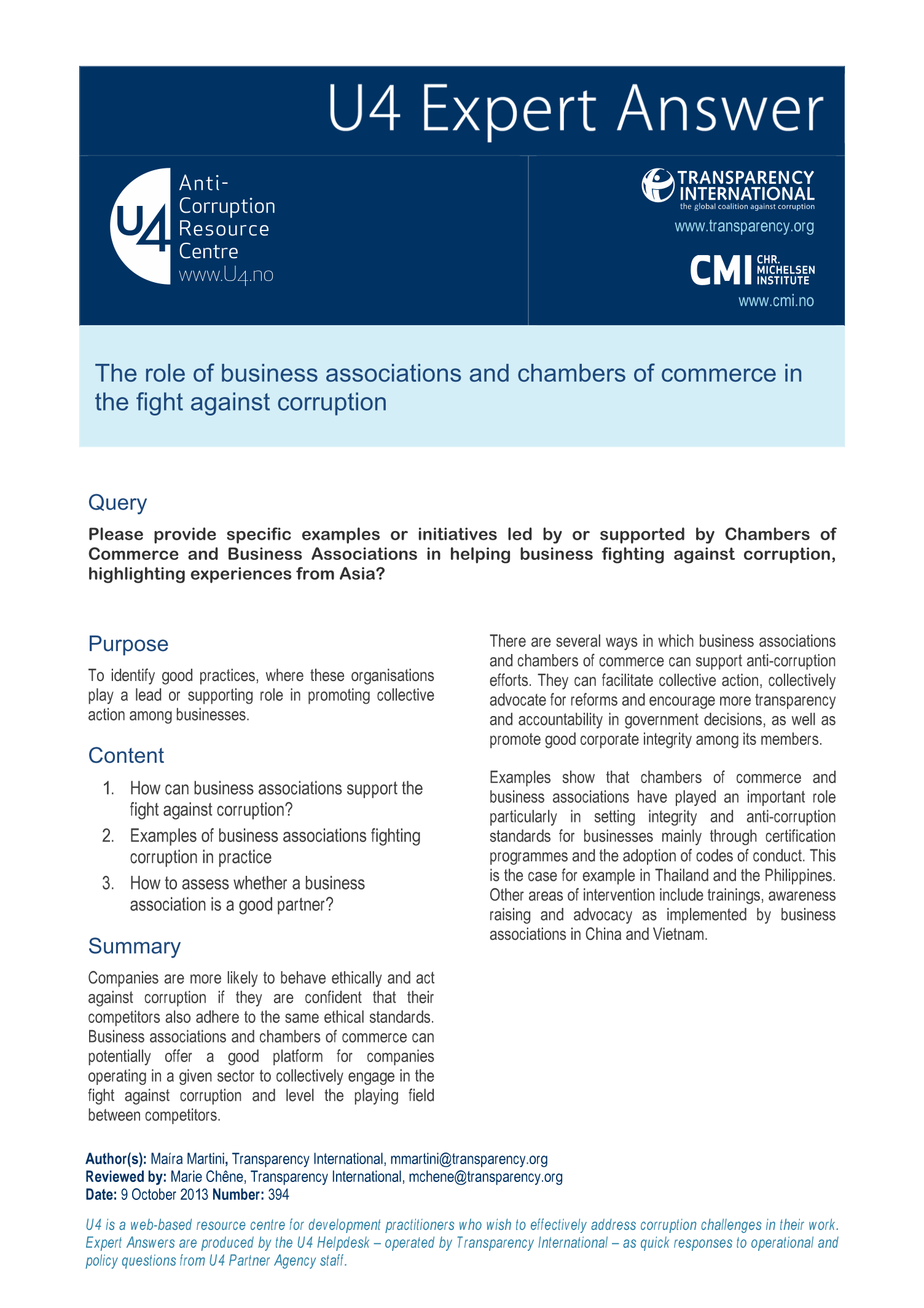 The role of business associations and chambers of commerce in the fight against corruption