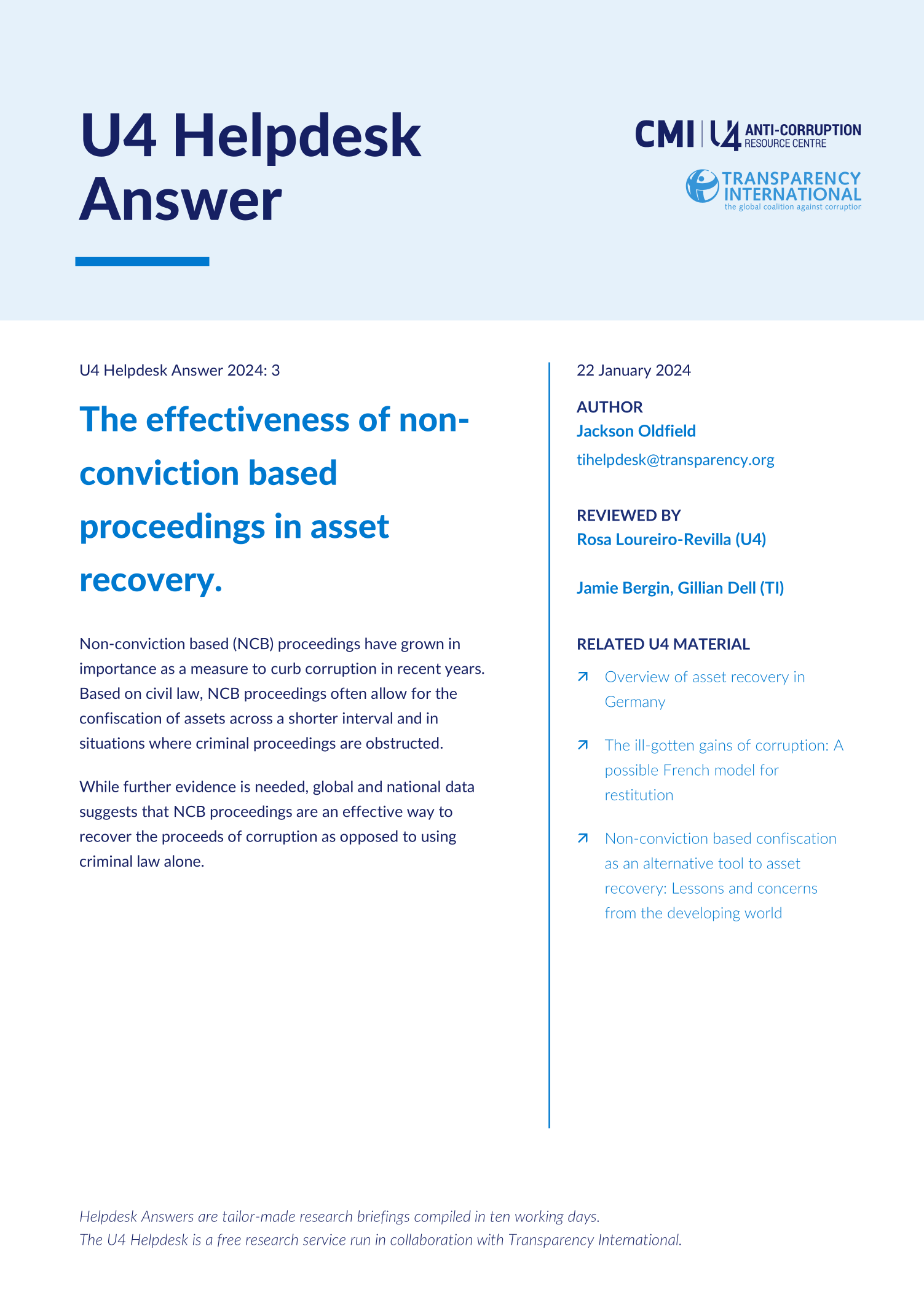 The effectiveness of non-conviction based proceedings in asset recovery