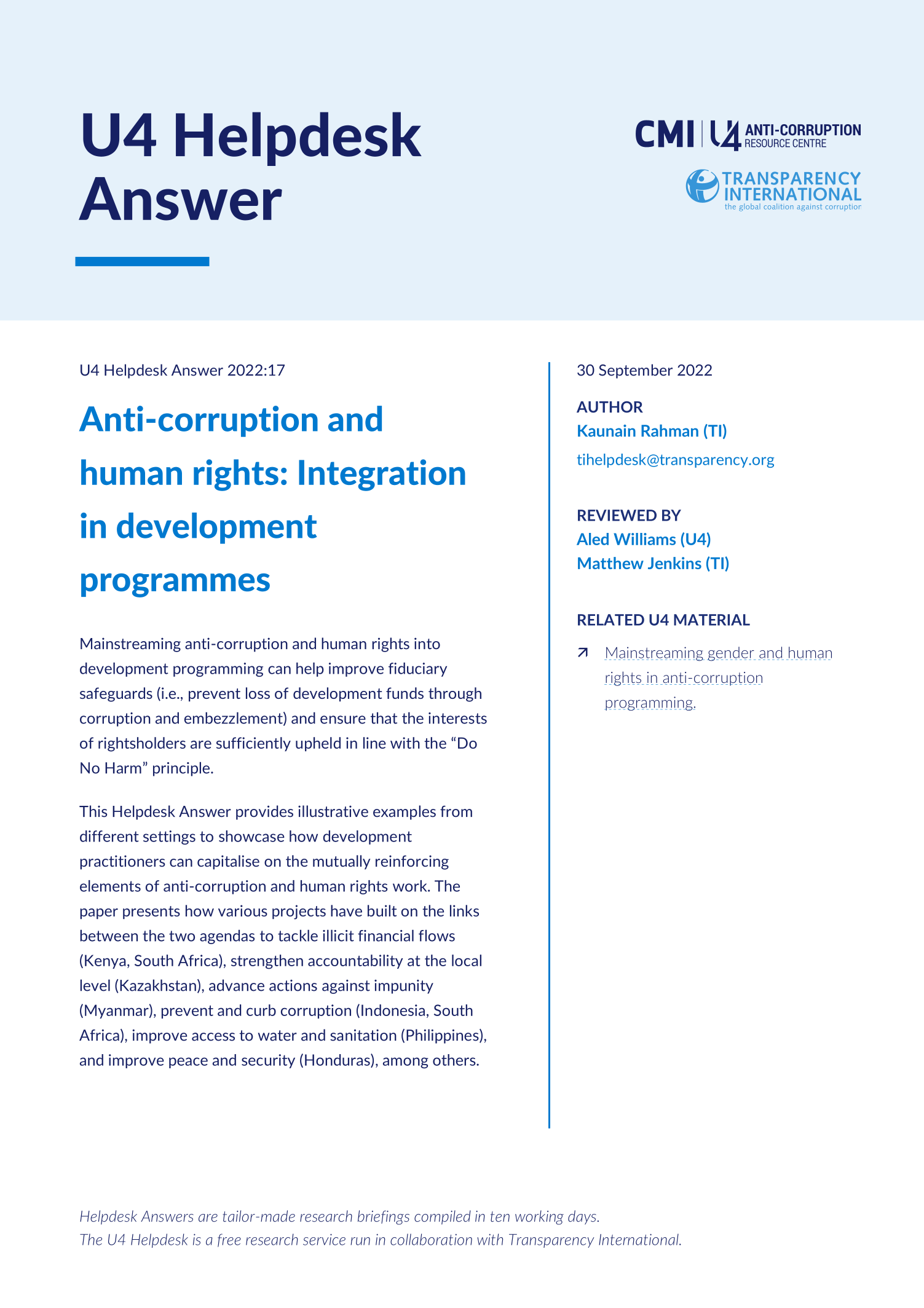 Anti-corruption and human rights: Integration in development programmes