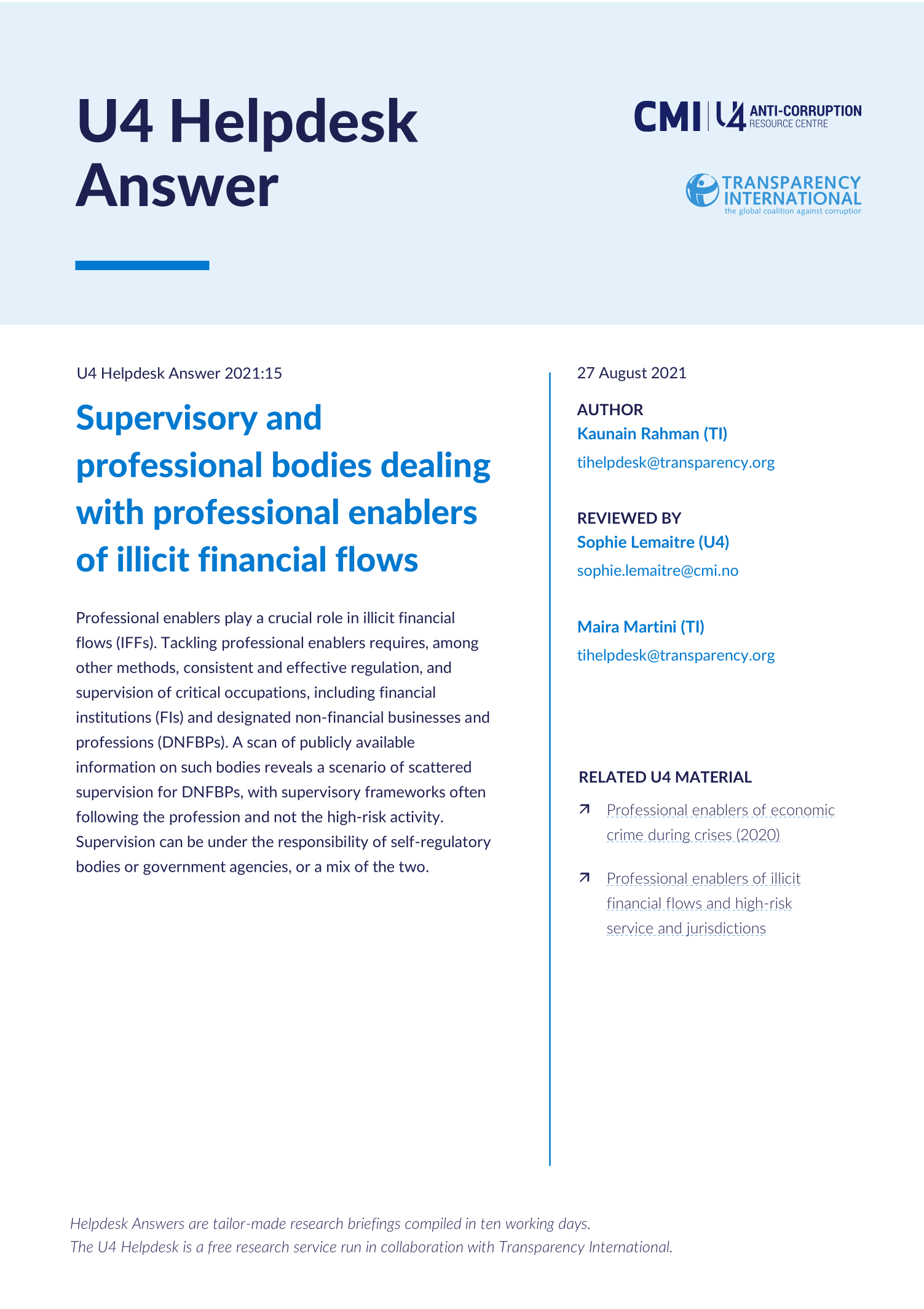 Supervisory and professional bodies dealing with professional enablers of illicit financial flows