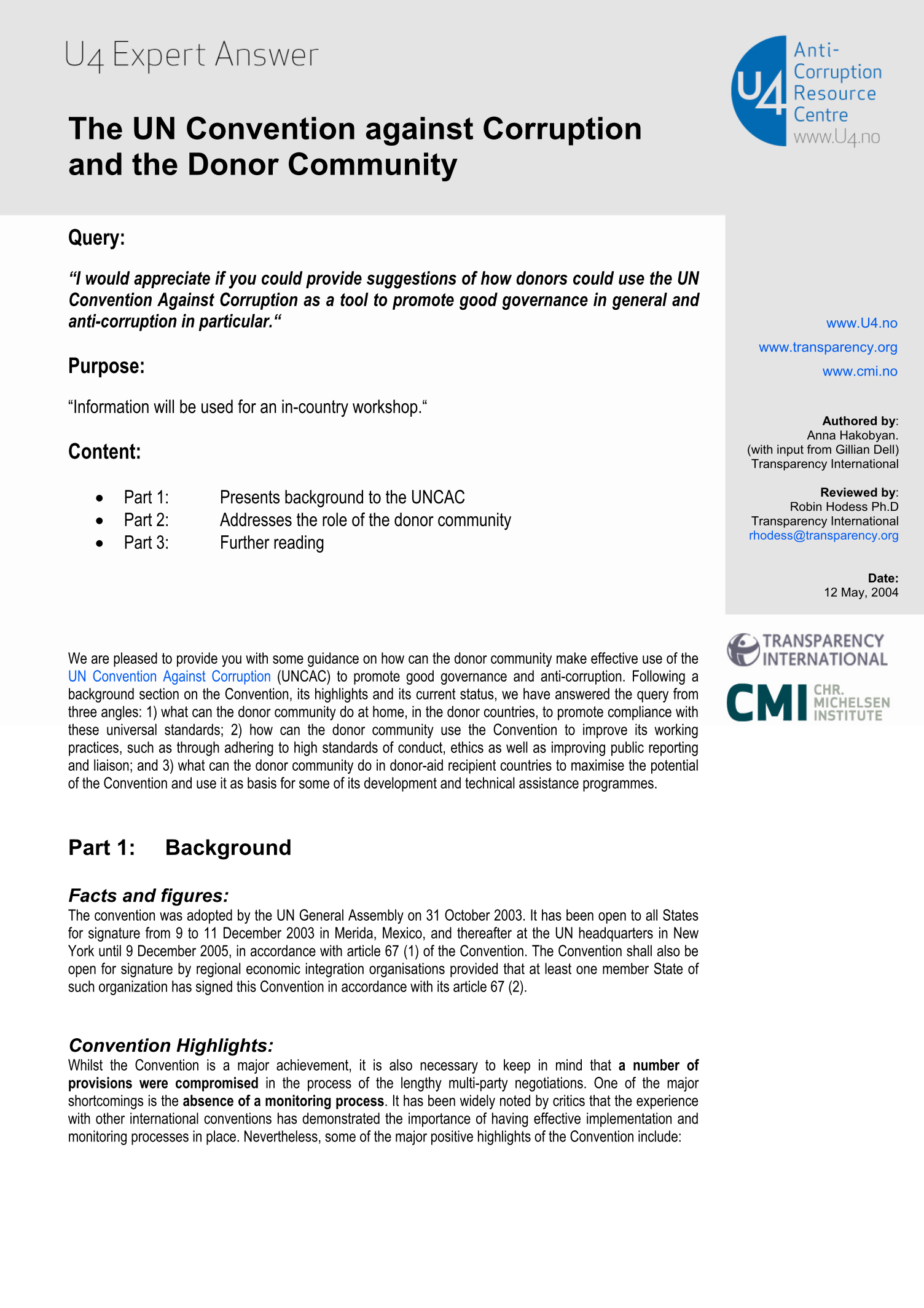 The UN Convention Against Corruption and the donor community